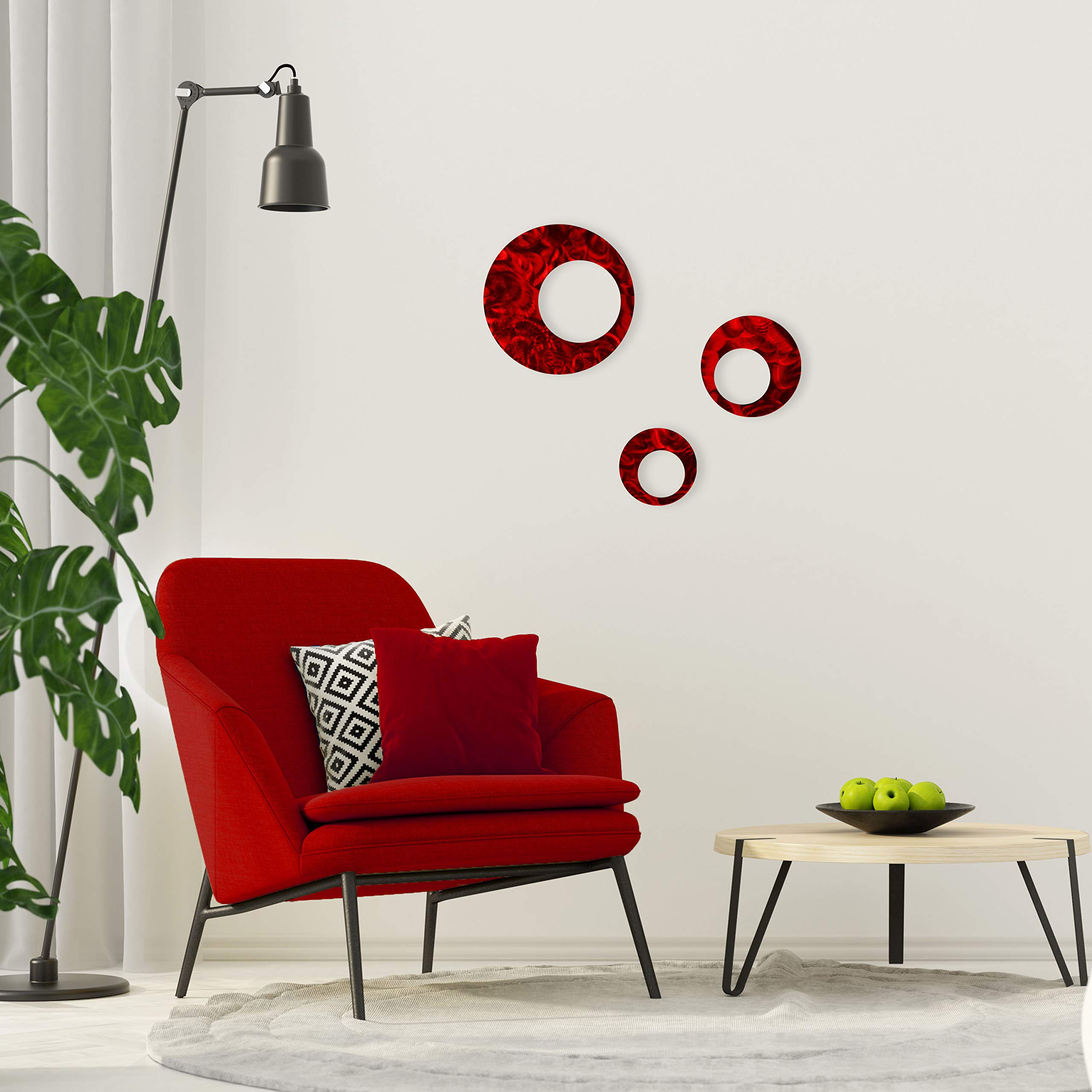 Modern Metal Wall Decor Set - Candy Red Circles Art for Living Room, Bedroom & Office | Contemporary Home Decor