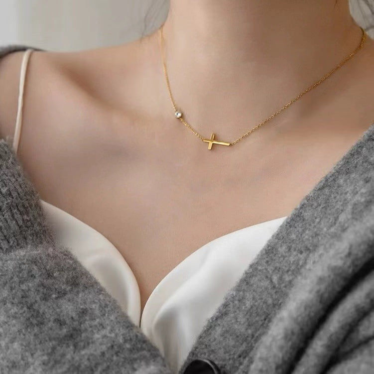 Elegant Cross and Bar Pendant Necklace for Women - Stainless Steel Chain Jewelry Gift for Christmas, Birthday & Everyday Wear | NC782