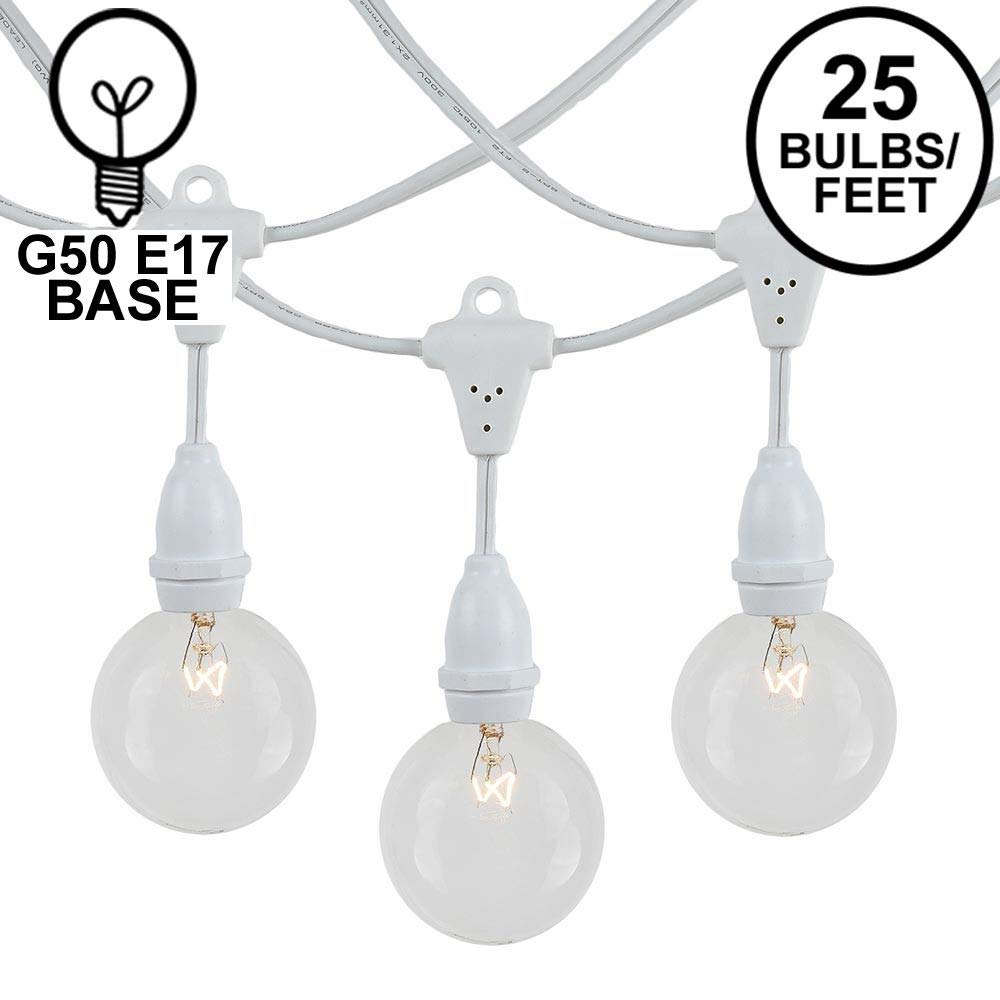 25' Clear Incandescent G50 Globe Outdoor String Lights - Commercial Grade Weatherproof Patio Lights with White Wire & 25 Sockets - Perfect for Backyard, Garden, Gazebo, Cafe, Market & Outdoor Dining Areas
