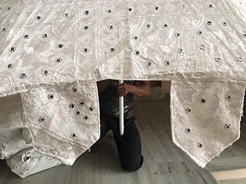 Handmade Bohemian Sun Umbrella with Indian Mirror Work Embroidery - Cotton Boho Wedding Parasol, Hippie Gypsy Decor for Beach, Garden & Outdoor Events (White) - Perfect for Weddings, Picnics and Poolside Relaxation