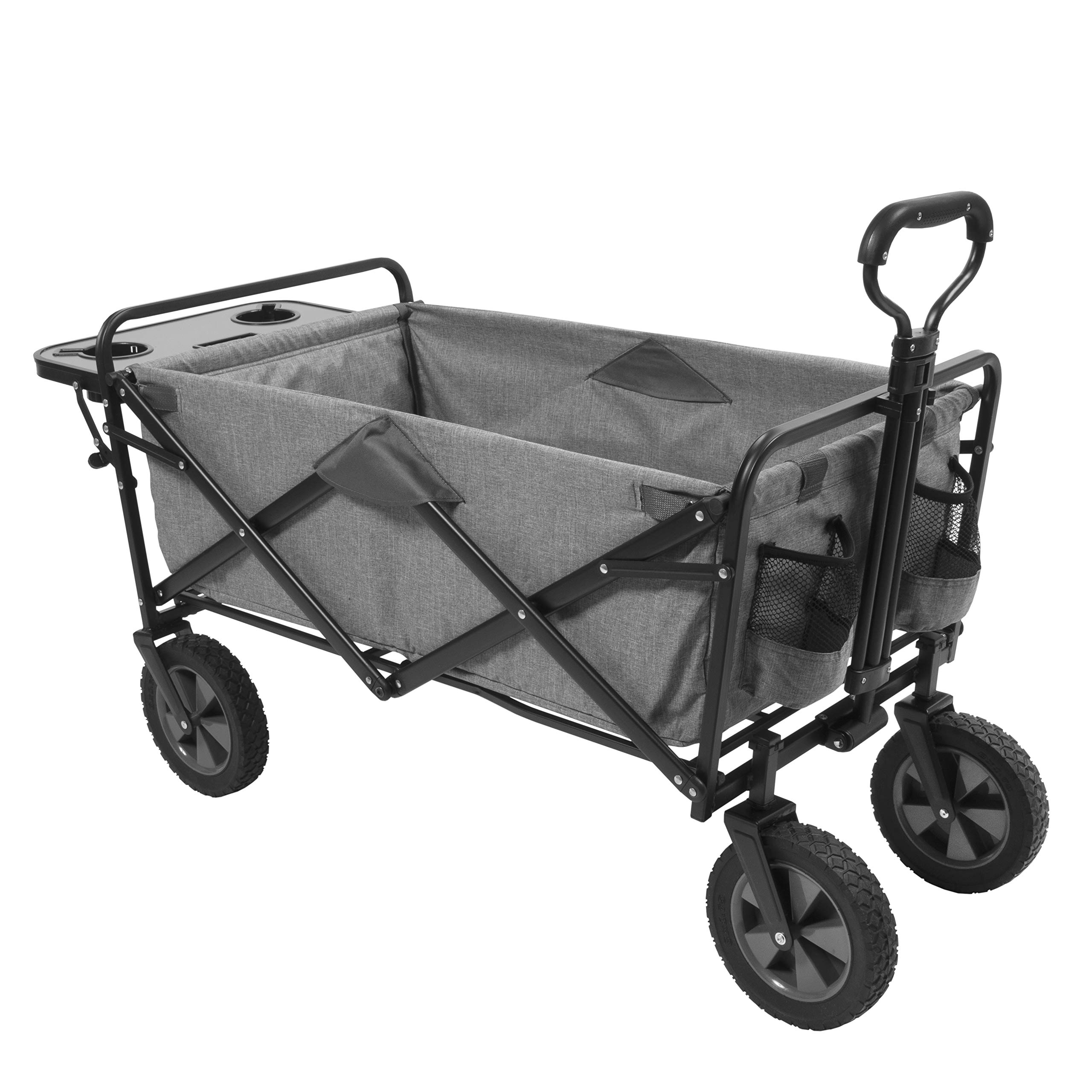 Mac Sports Collapsible Folding Outdoor Utility Wagon with Side Table - Light Grey Portable Cart for Beach, Camping, Picnic & Garden Use