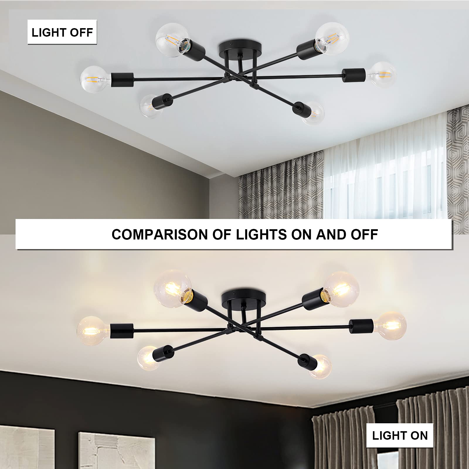 6-Light Sputnik Chandelier - Black Modern Semi Flush Mount Ceiling Light with E26 Base - Mid Century Industrial Vintage Style - Perfect for Kitchen, Farmhouse, Dining Room, Bedroom & Living Room Lighting