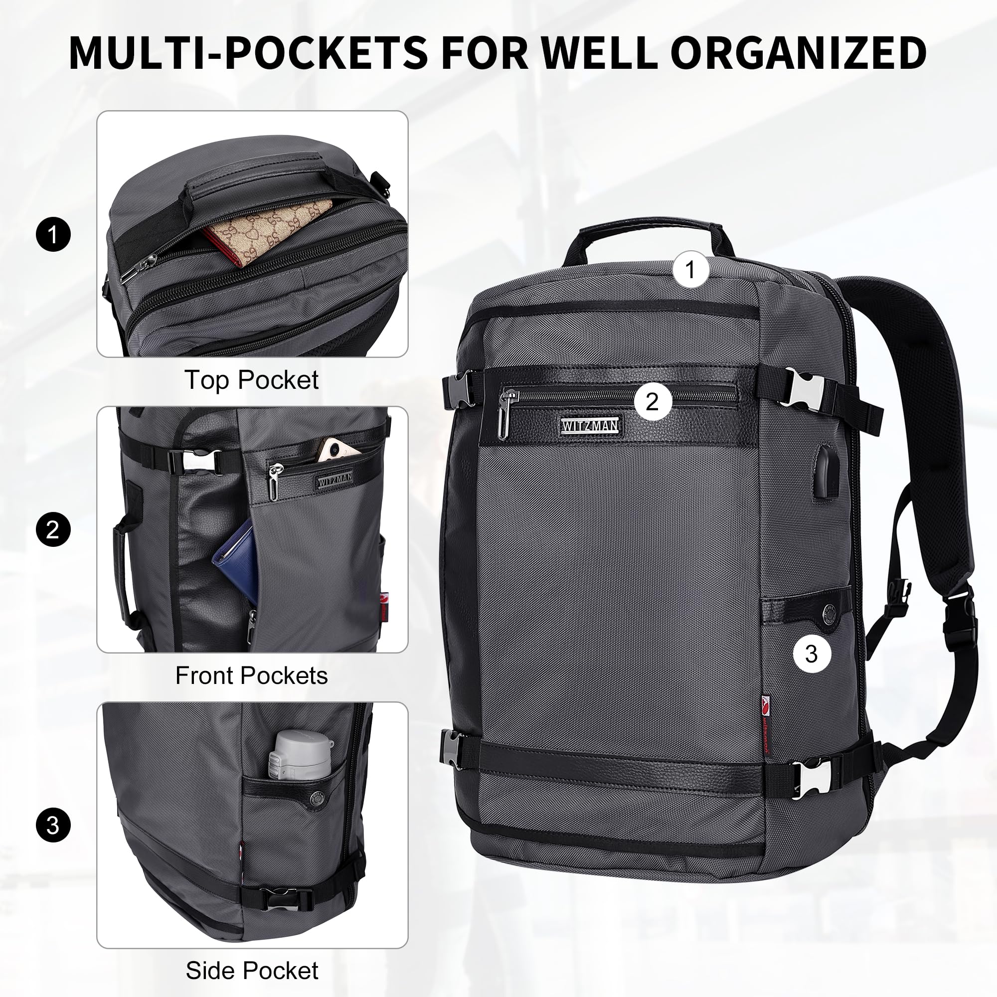 WITZMAN Travel Backpack for Men & Women - 17 Inch Laptop Backpack with USB Charging Port, Water Resistant Carry-On Backpack for Airplane, Flight Approved (B686 Silvery Grey) - Perfect for Business Travel, Commuting & Weekend Getaways