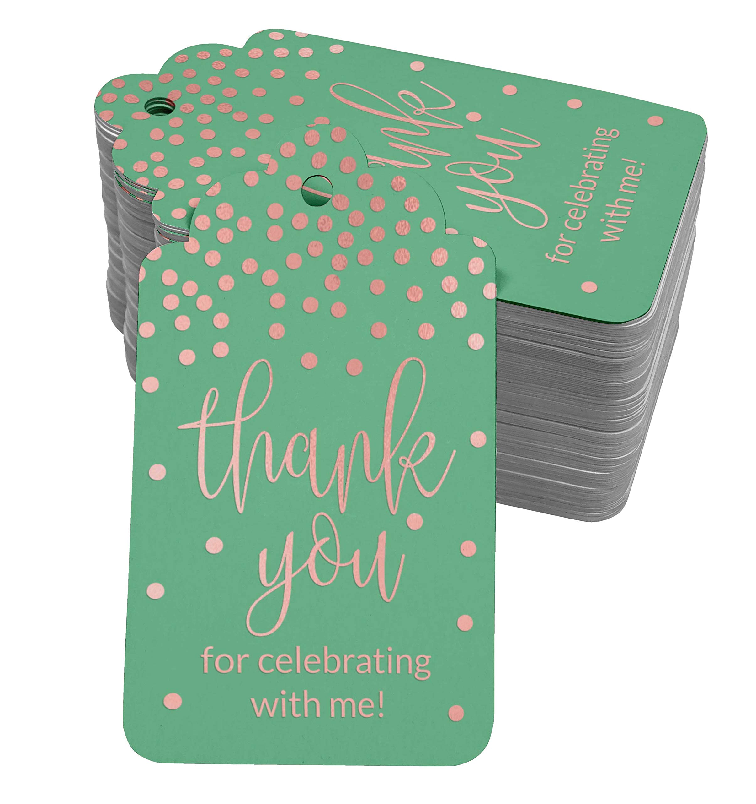 50 Pack Rose Gold Foil Thank You Birthday Party Favor Tags - Elegant Celebration Gift Tags for Weddings, Baby Showers & Special Events
