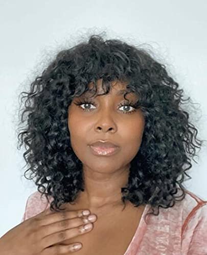 Glueless Curly Bob Human Hair Wig with Bangs - Brazilian Remy Hair 150% Density Deep Wave Wigs for Women | No Lace Scalp Top, Full Machine Made, 10