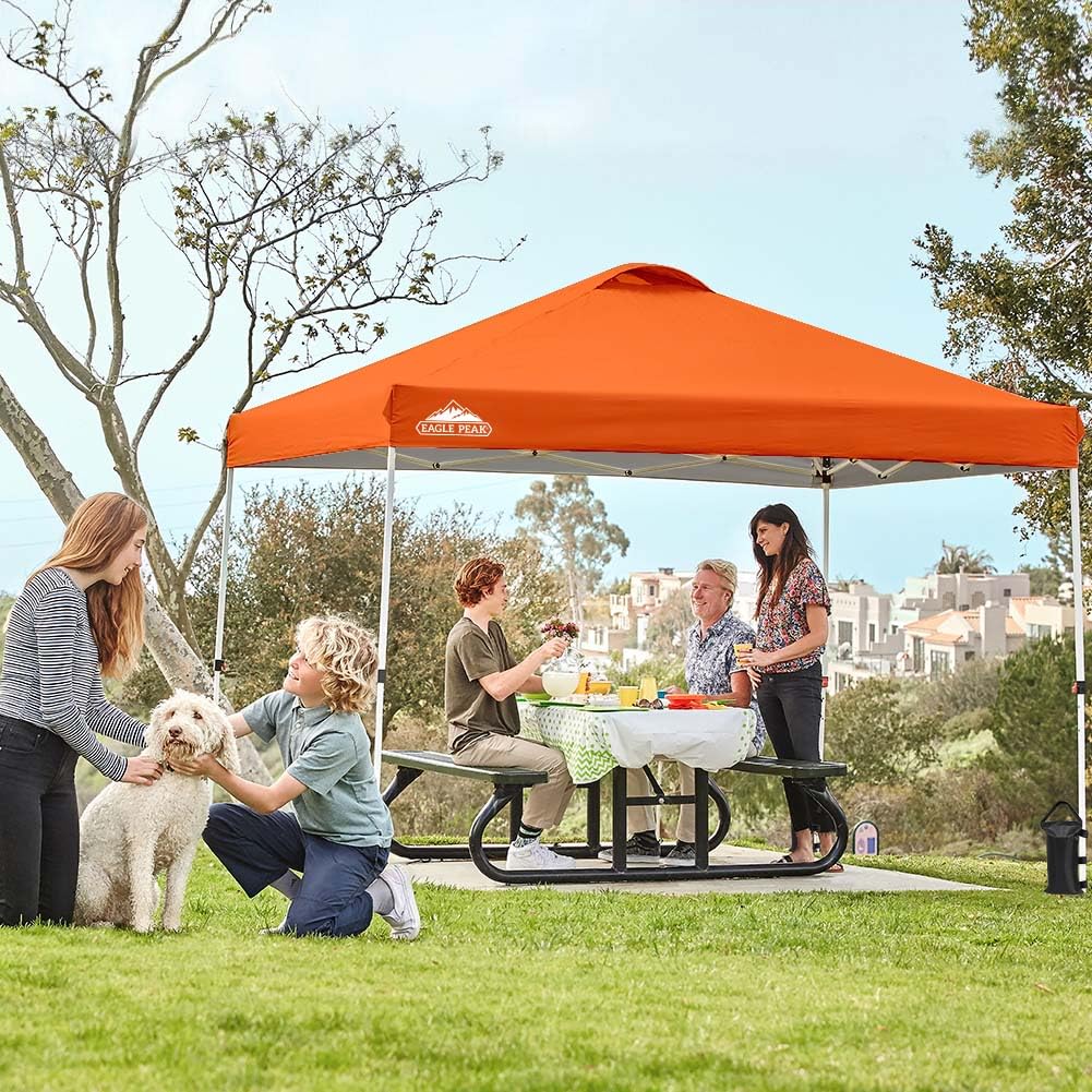 EAGLE PEAK 10x10 ft Pop Up Canopy Tent with Wheeled Carry Bag - Includes 8 Stakes, 4 Ropes & 4 Weight Bags - Easy Setup Instant Shelter for Outdoor Events, Beach, Camping & Backyard Parties - 100 sq ft Shade Coverage in Orange