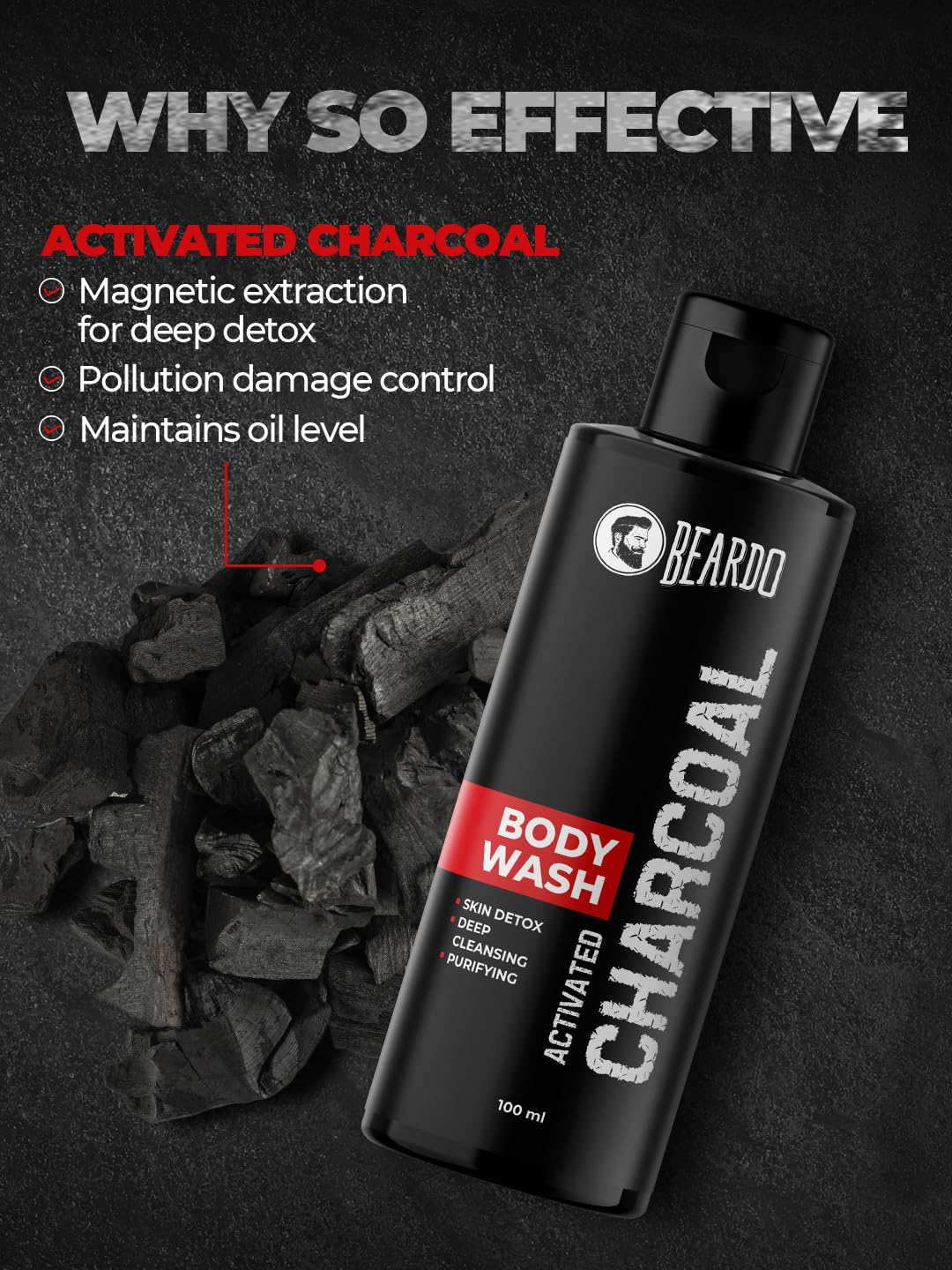 Beardo Activated Charcoal Anti-Pollution Body Wash for Men - 100ml Deep Pore Cleanser | Removes Dirt, Oil & Impurities | Face & Body Wash | Reduces Acne & Controls Oil | Perfect for Gym, Travel & Daily Shower Routine