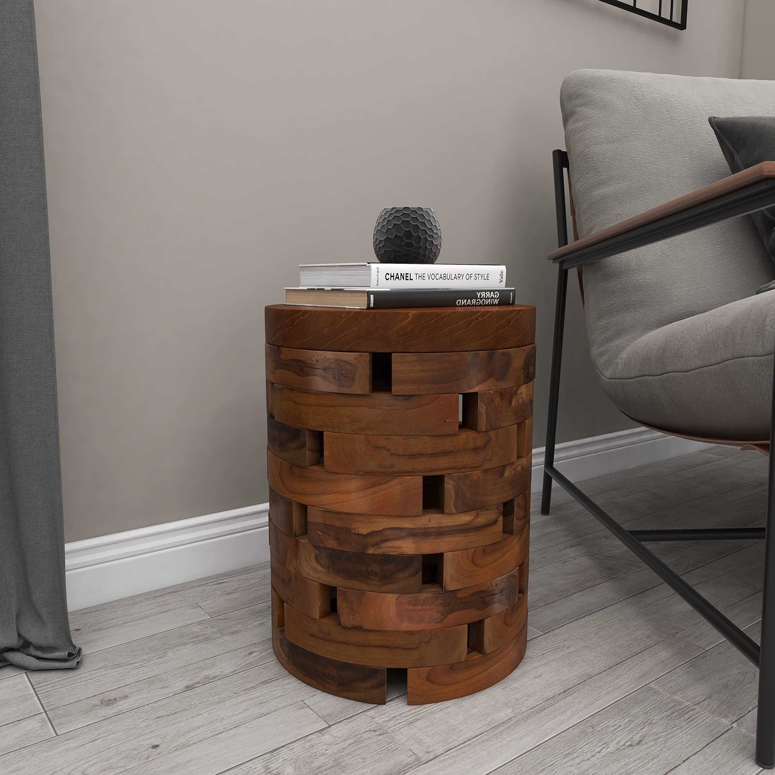 Deco 79 Handmade Teak Wood Live Edge Side Table with Brick Design - 14