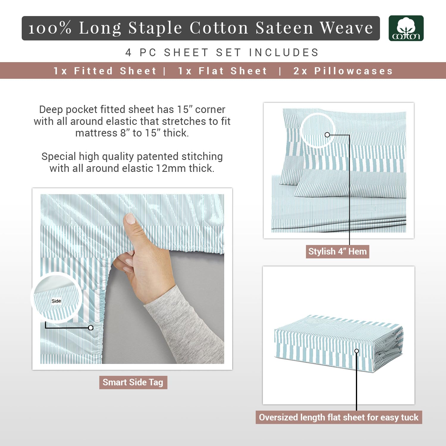 Pizuna Pure 100% Cotton King Size Sheets - 400 Thread Count Luxury Long Staple Sateen Weave with 15