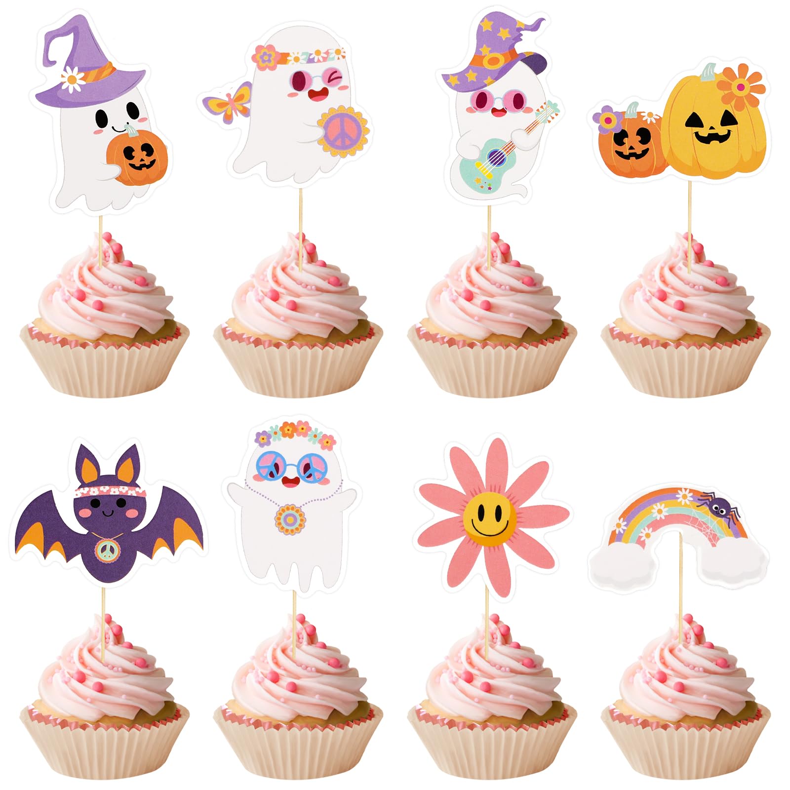 Konsait 24 Pcs Halloween Ghost Cupcake Toppers - Hippie Little Boo Theme Cake Decorations for Halloween Parties, Happy Boo Day, Baby Showers & Birthday Celebrations | Spooky Party Supplies for Festive Desserts & Groovy Decor