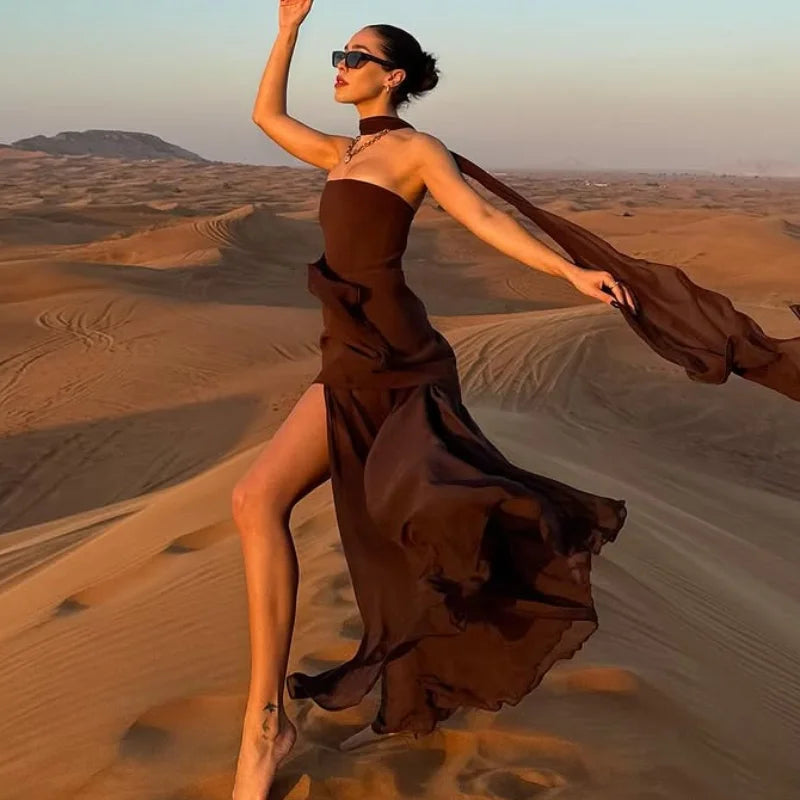Elegant Off Shoulder Irregular Hem Dress with Scarf - Women's Sleeveless Backless Slim Fit Long Maxi Dress for Summer 2025 | Perfect for Beach Parties, Weddings, and Evening Events
