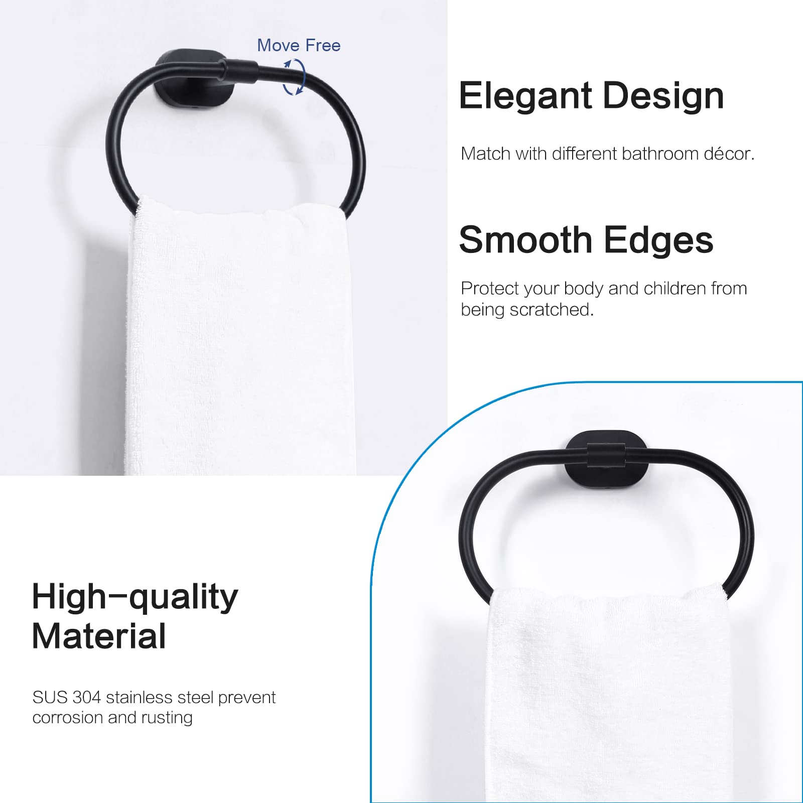 HouseAid Stainless Steel Oval Towel Holder - Modern Matte Black Wall Mounted Bathroom Towel Ring for Hand & Face Towels - Perfect for Bathrooms, Kitchens & Spa Areas