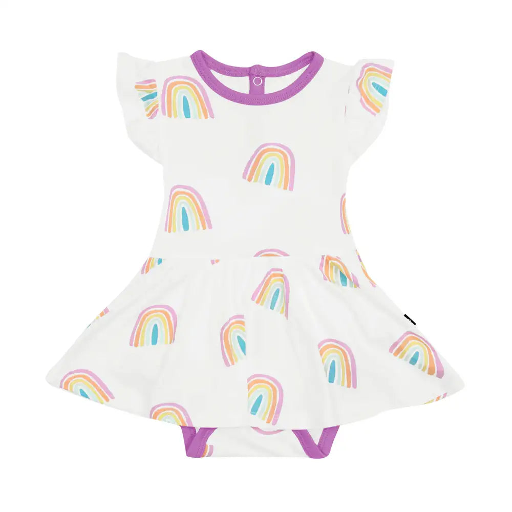 Kyte Baby Twirl Bodysuit Dress - Poi Rainbow Print Baby Girl Outfit | Soft Cotton Romper for Newborns & Infants | Perfect for Playdates, Photo Shoots & Special Occasions