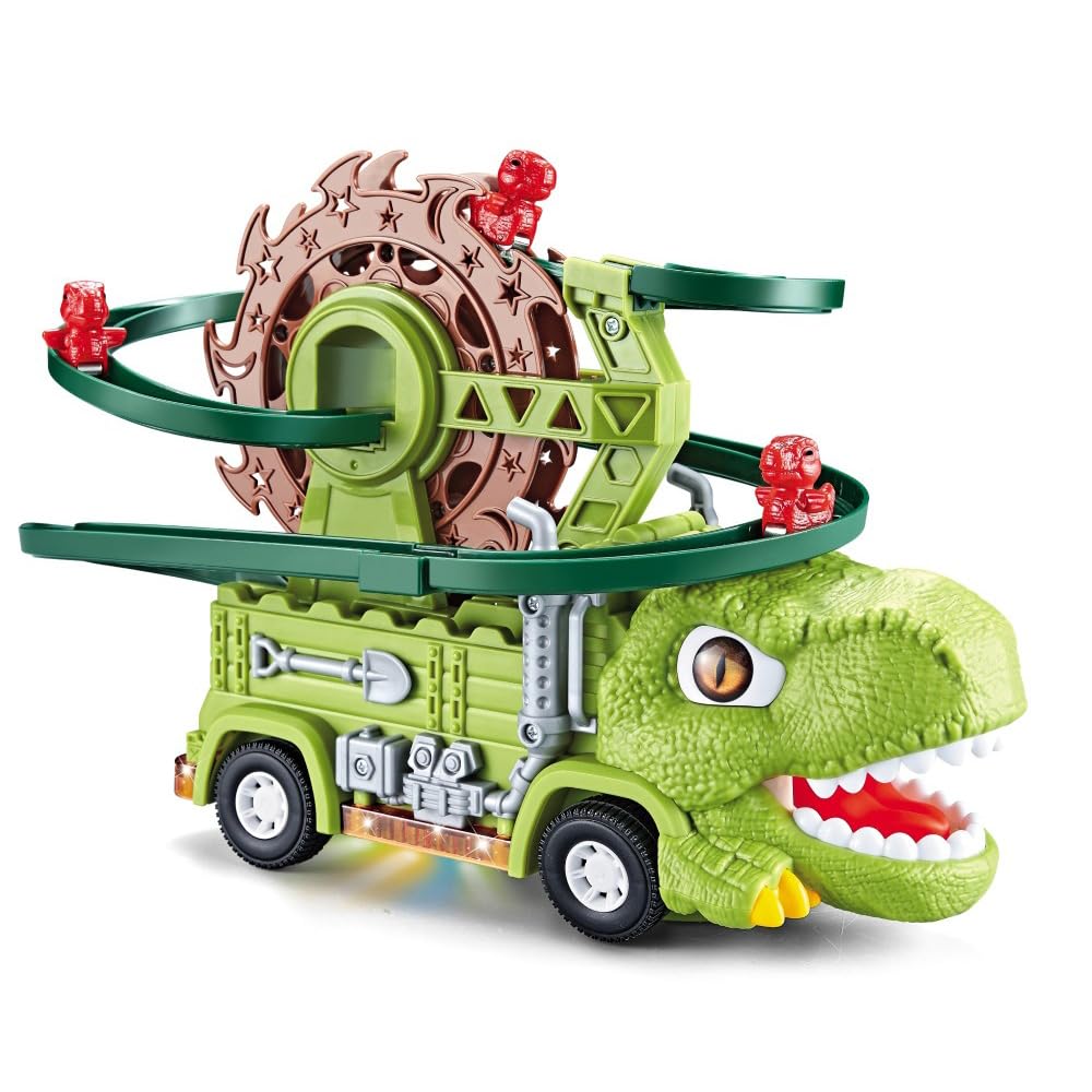 2 in 1 Dinosaur Slide Toy Set - Triceratops & T-Rex Automatic Sliding Track with Dino Truck, Ferris Wheel & Race Track - Fun Educational STEM Toy for Kids Birthday & Indoor Playtime
