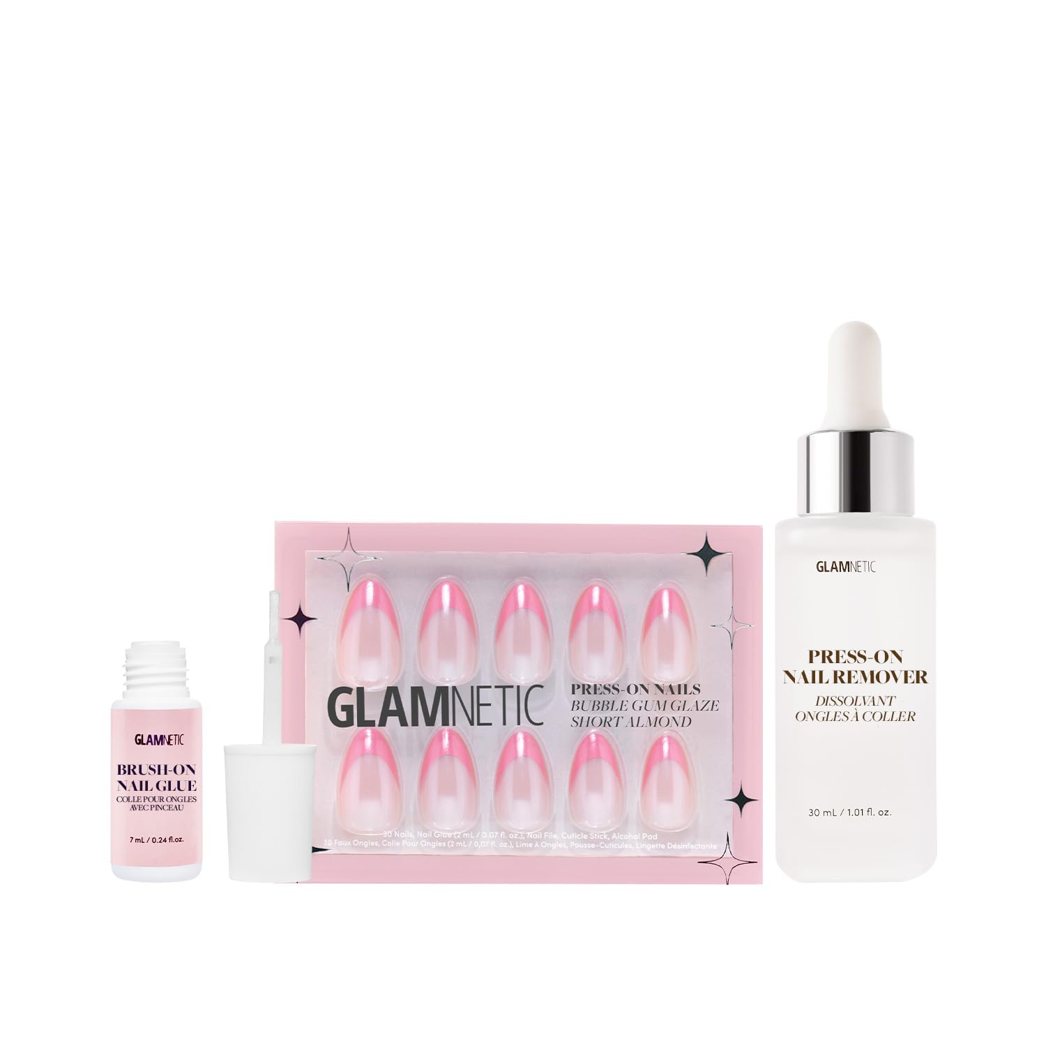 Glamnetic Press On Almond Nails - Bubble Gum Glaze & French Tip, Reusable Fake Nails Kit with Brush On Glue & Remover | 15 Sizes, 30 Nails | Perfect for Parties, Weddings & Everyday Wear