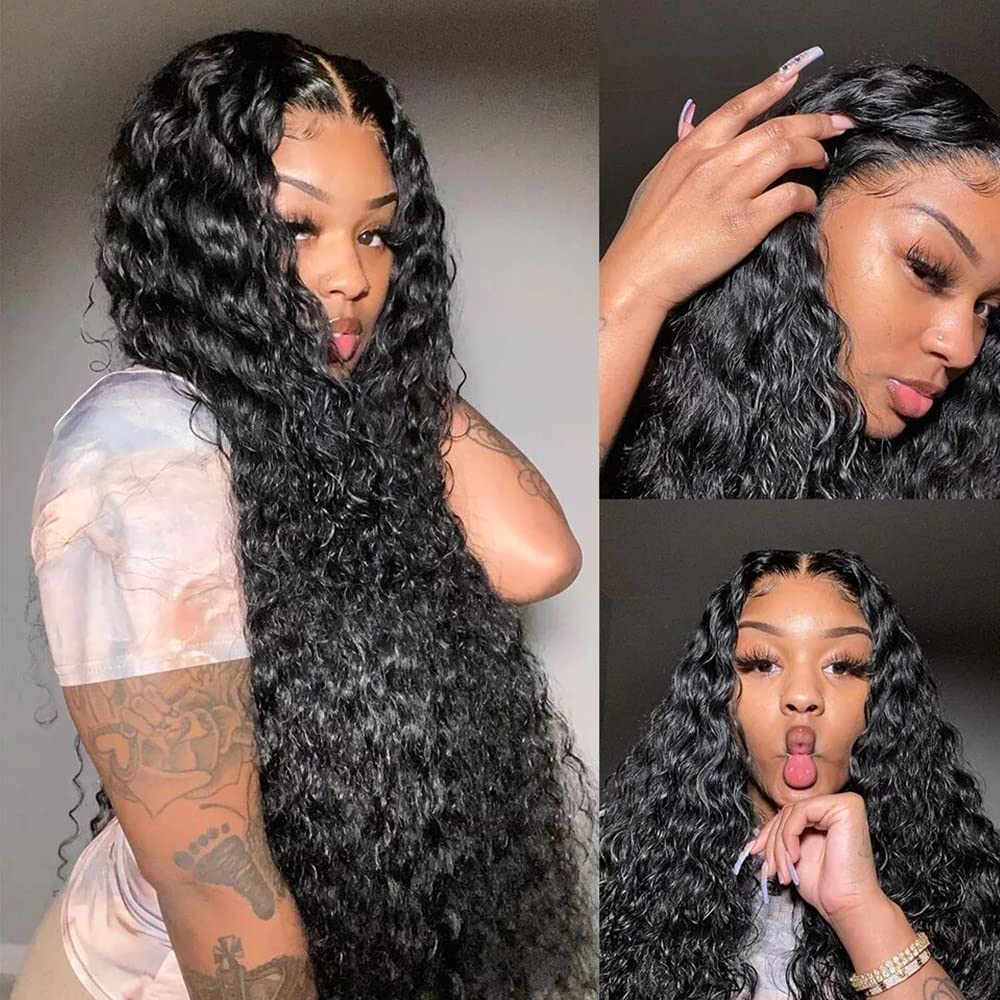 QinMei 13x4 Deep Wave Human Hair Lace Front Wigs for Black Women | Brazilian Virgin Human Hair Deep Curly Lace Front Wig with Baby Hair | Pre-Plucked Bleached Knots | Natural Color 180% Density 16 Inch | Perfect for Daily Wear, Parties & Special Occasions