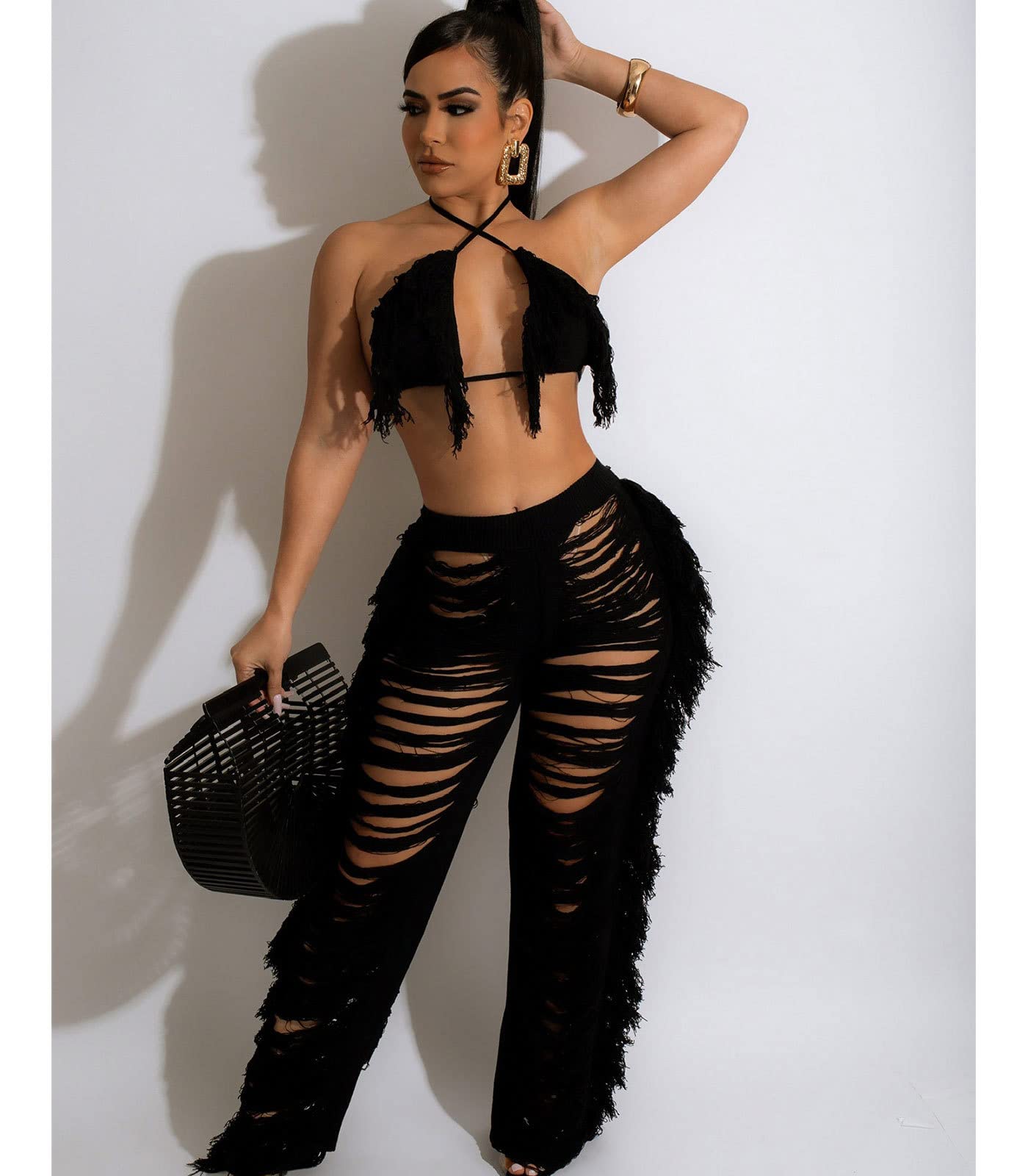 KANSOON Women's 2-Piece Crochet Cover Up Set - Knit Halter Top & Pants with Tassels for Swimwear | Black Beach Outfit for Pool Party, Vacation & Summer Fashion