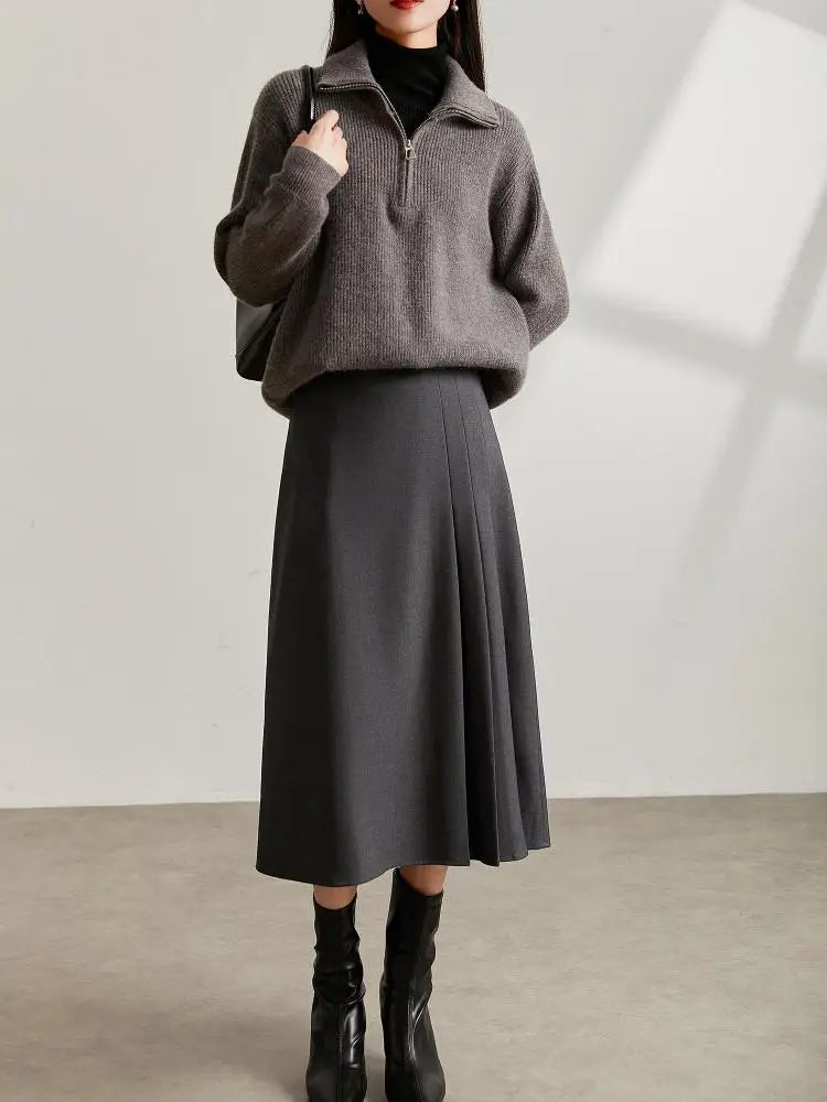 Vintage High Waist Pleated Wool Skirt for Women - Black & Grey A-Line Long Skirt, Elegant Winter Party Wear, Fall Festival Fashion, Office to Evening Outfits