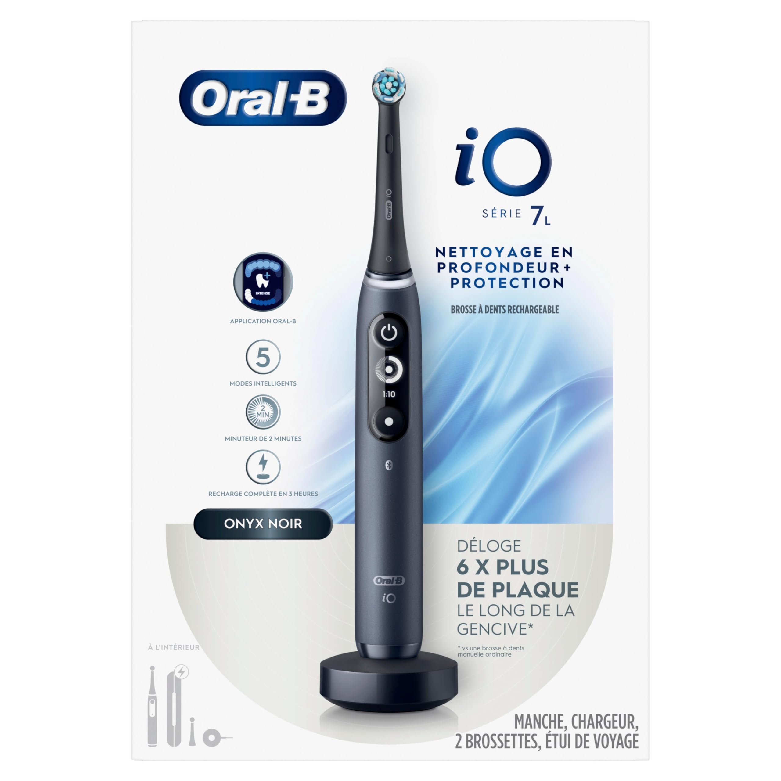 Oral-B iO Series 7 Deep Clean + Protect Rechargeable Electric Toothbrush with 2 Replacement Brush Heads & Travel Charging Case - Black | Advanced Gum Care & Teeth Whitening for Home & Travel Use