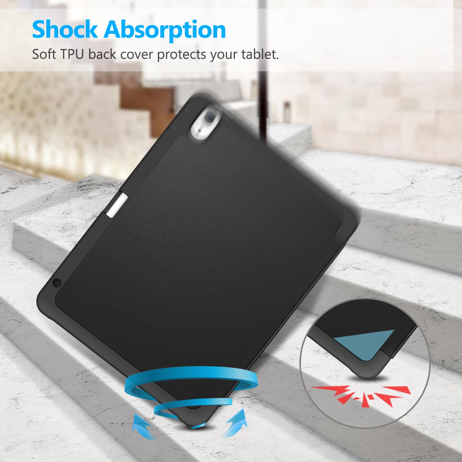 Fintie SlimShell Protective Case for iPad Air 11-inch (M3/M2) & 10.9-inch (5th/4th Gen) - Lightweight Flexible TPU Back Cover with Apple Pencil Holder - Perfect for Work, School & Travel - Black