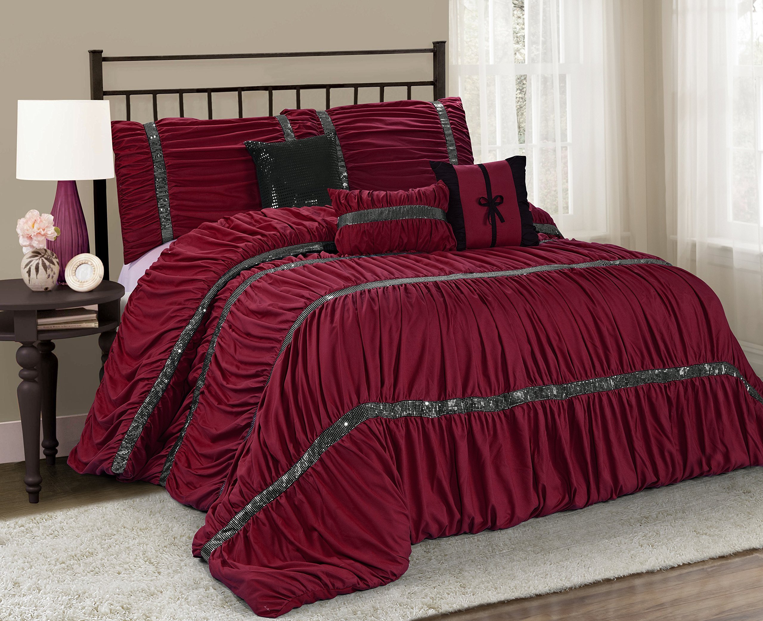 7-Piece CLARAITA Chic Ruched Pleated Comforter Set - Queen, King & Cal King Size (Burgundy) | Luxury Bedding for Master Bedrooms & Guest Rooms