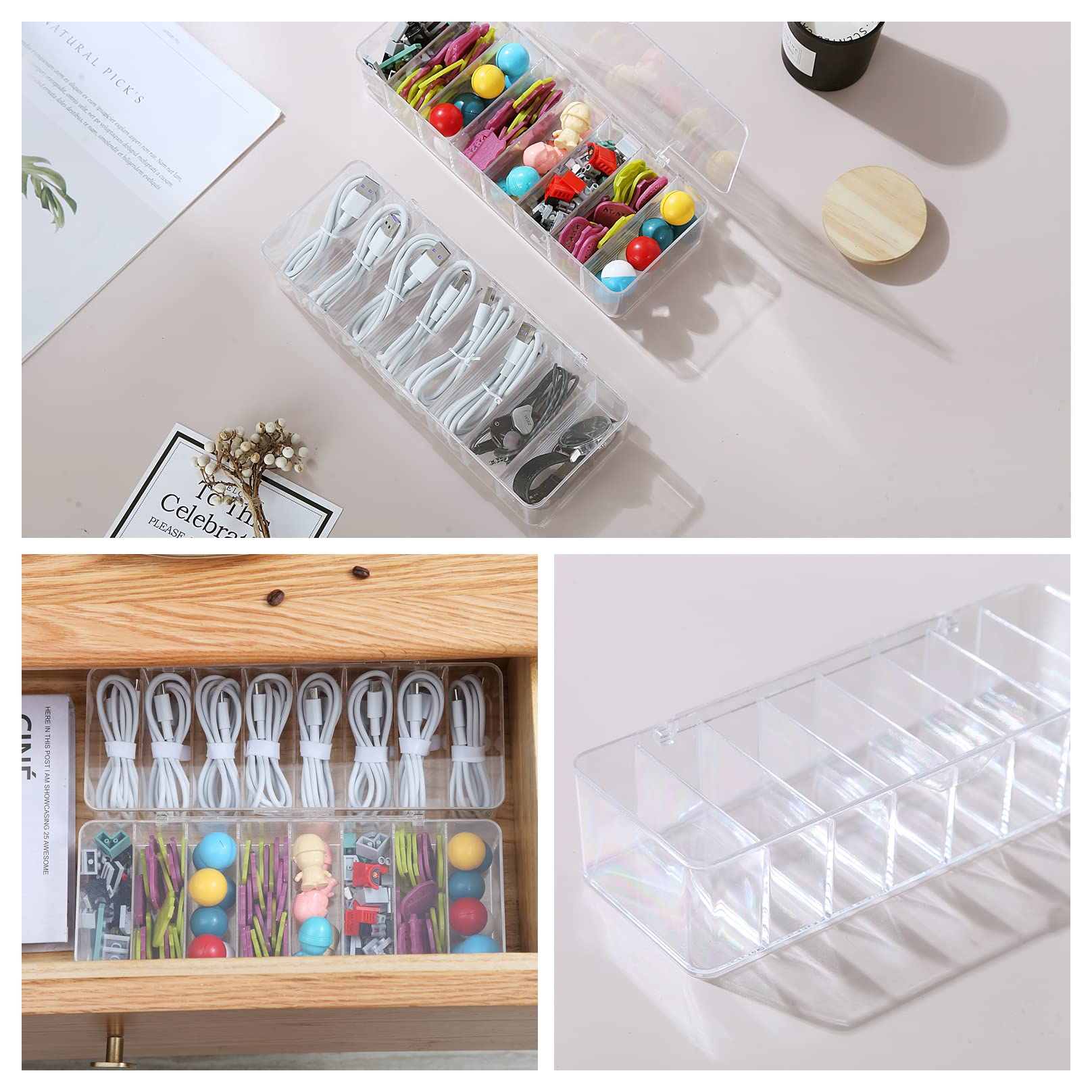 Clear Acrylic Electronics Organizer Box with Cover - 8 Compartment Charger & Cord Storage Case with 10 Wire Ties - Perfect for Home, Office & Travel Cable Management (White)