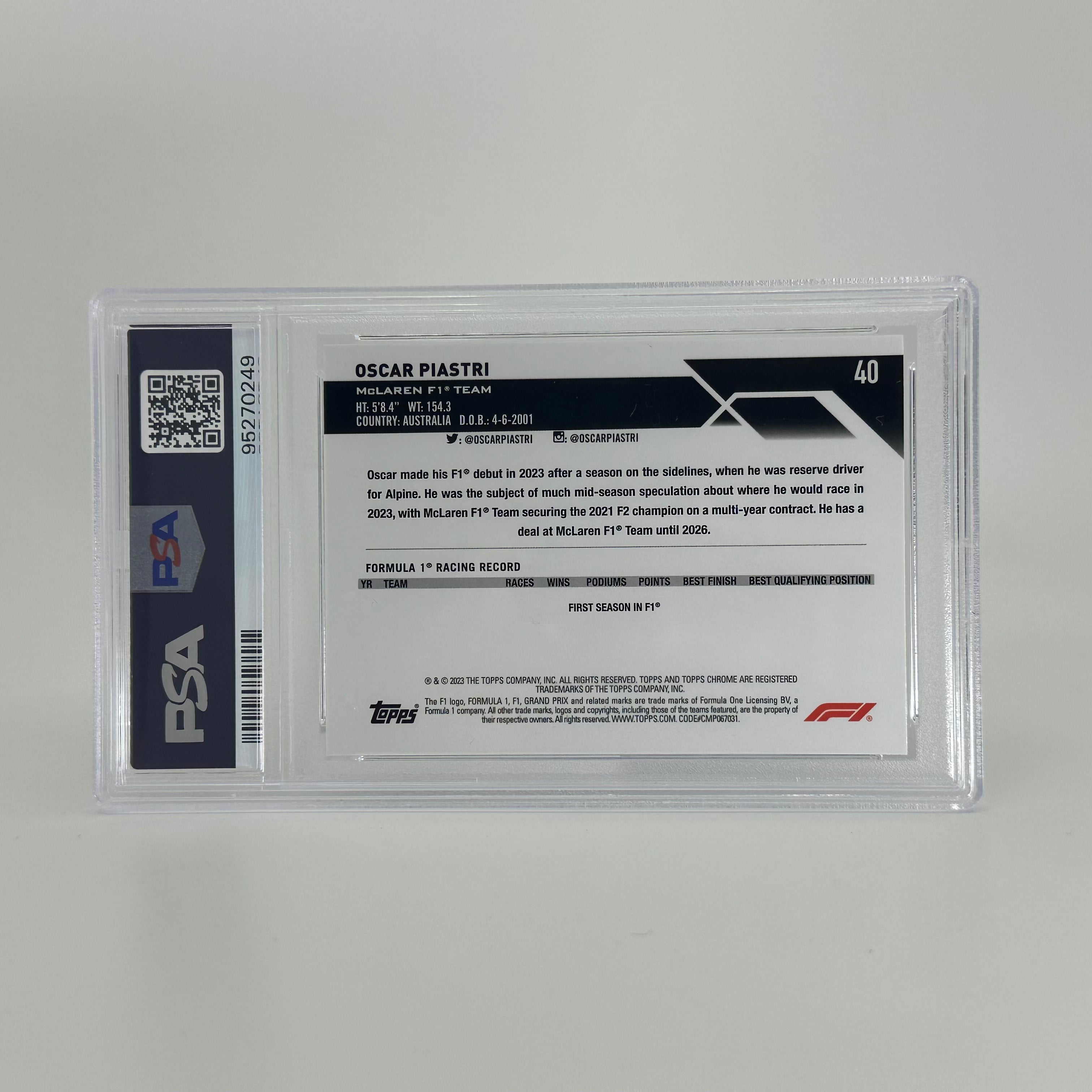 2023 Topps Chrome F1 Oscar Piastri #40 Sapphire Rookie Card PSA 9 - Perfect for F1 Collectors, Racing Fans, and Sports Memorabilia Enthusiasts