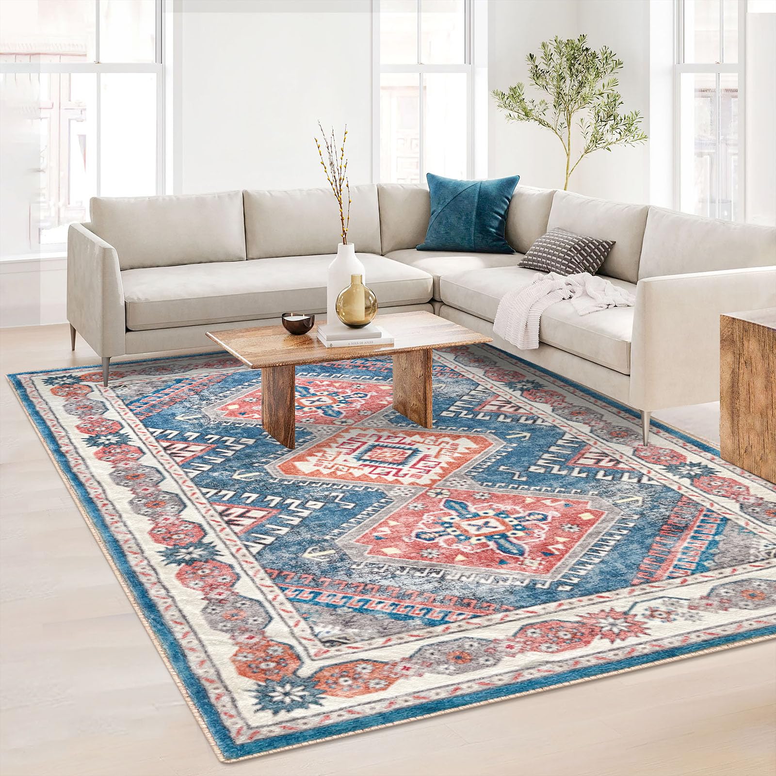 KUTA 5x7 Large Blue Washable Oriental Area Rug - Non-Slip Ultra Soft Distressed Tribal Traditional Farmhouse Carpet for Living Room, Bedroom, Dining Room, Office & Dorm Decor | Perfect for Cozy Home, Boho Style Spaces & High Traffic Areas