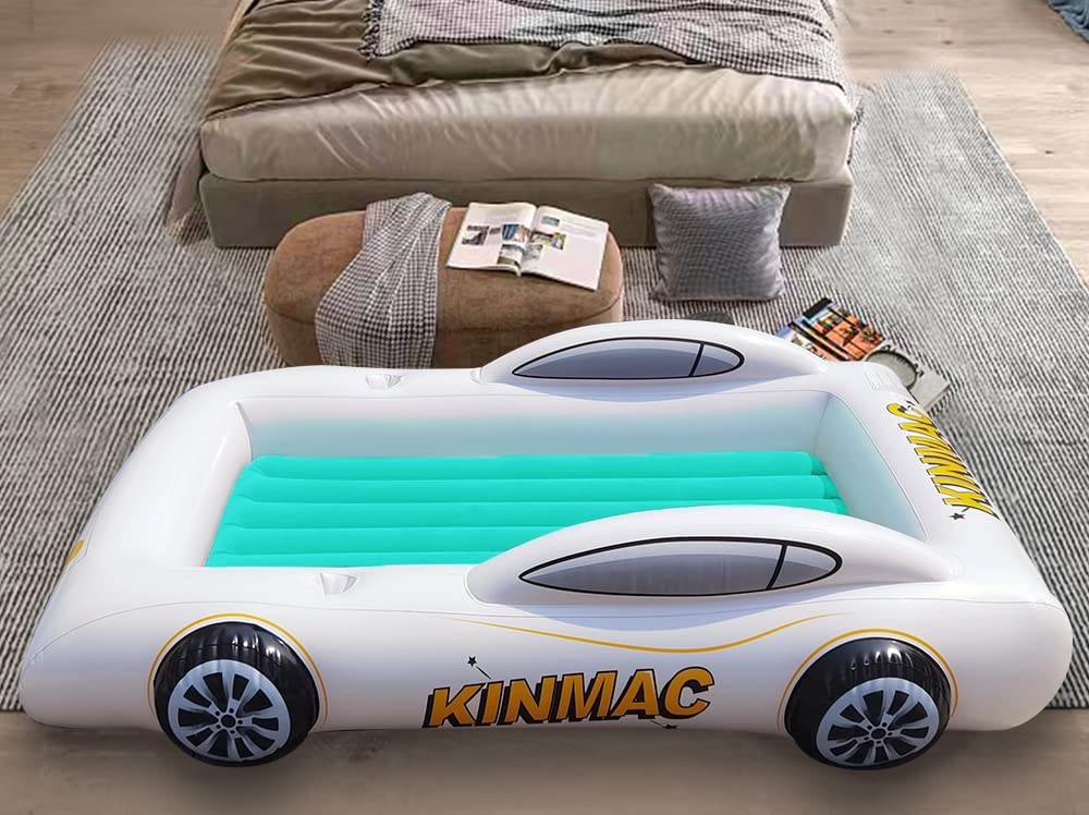 Inflatable Toddler Travel Bed - Portable Kids Air Mattress for Camping & Car Trips | Racecar Design with Safety Sides | Green Blow Up Sleeping Pad for Toddlers - Perfect for Travel, Sleepovers & Outdoor Adventures