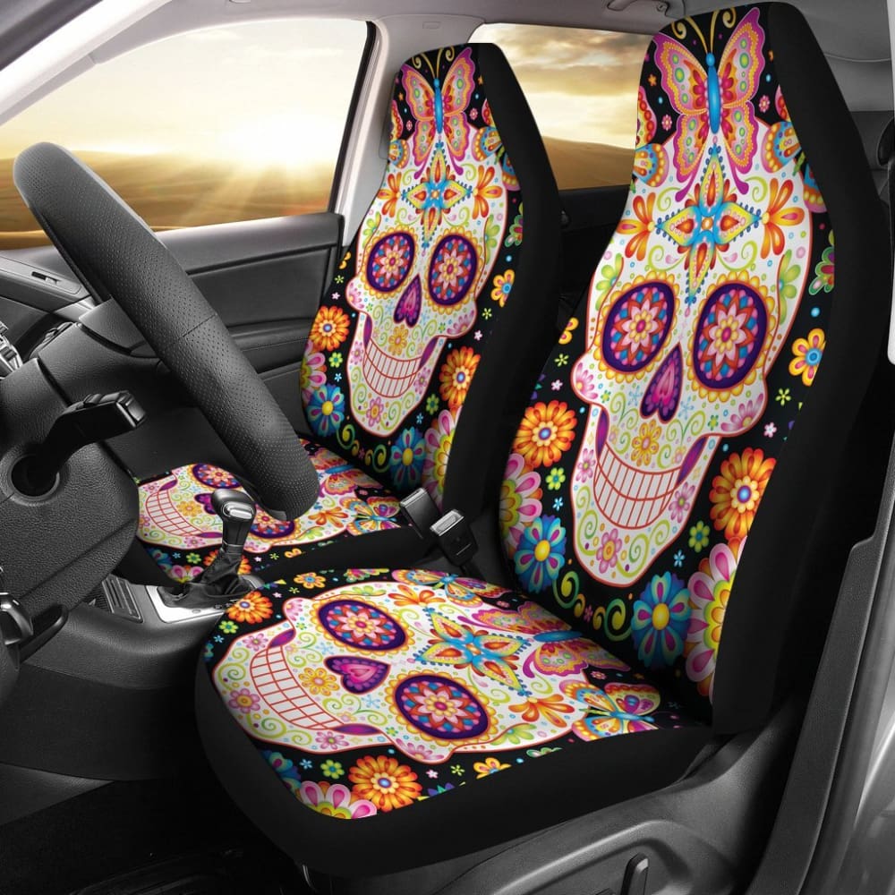 2 Pcs Sugar Skull Day of the Dead Car Seat Covers - Colorful Mexican Style Protection for Front Seats - Perfect for Halloween, Dia de los Muertos Celebrations & Car Decor