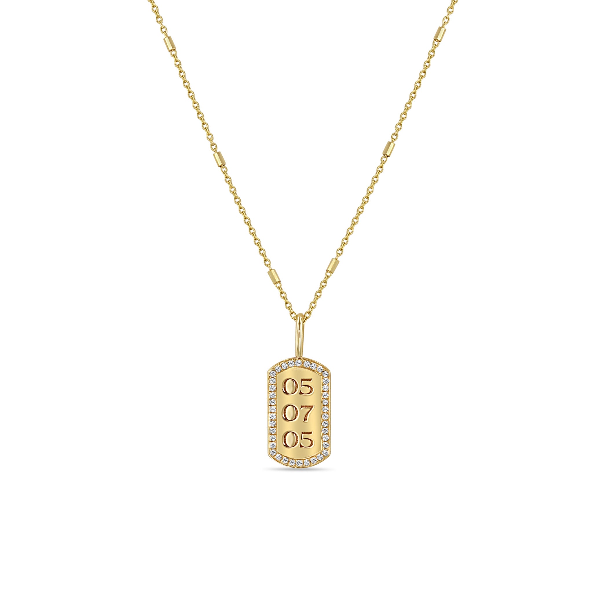 14K Gold Engraved Date Diamond Border X Small Dog Tag Necklace - Personalized Pet Memorial Jewelry for Dogs & Cats