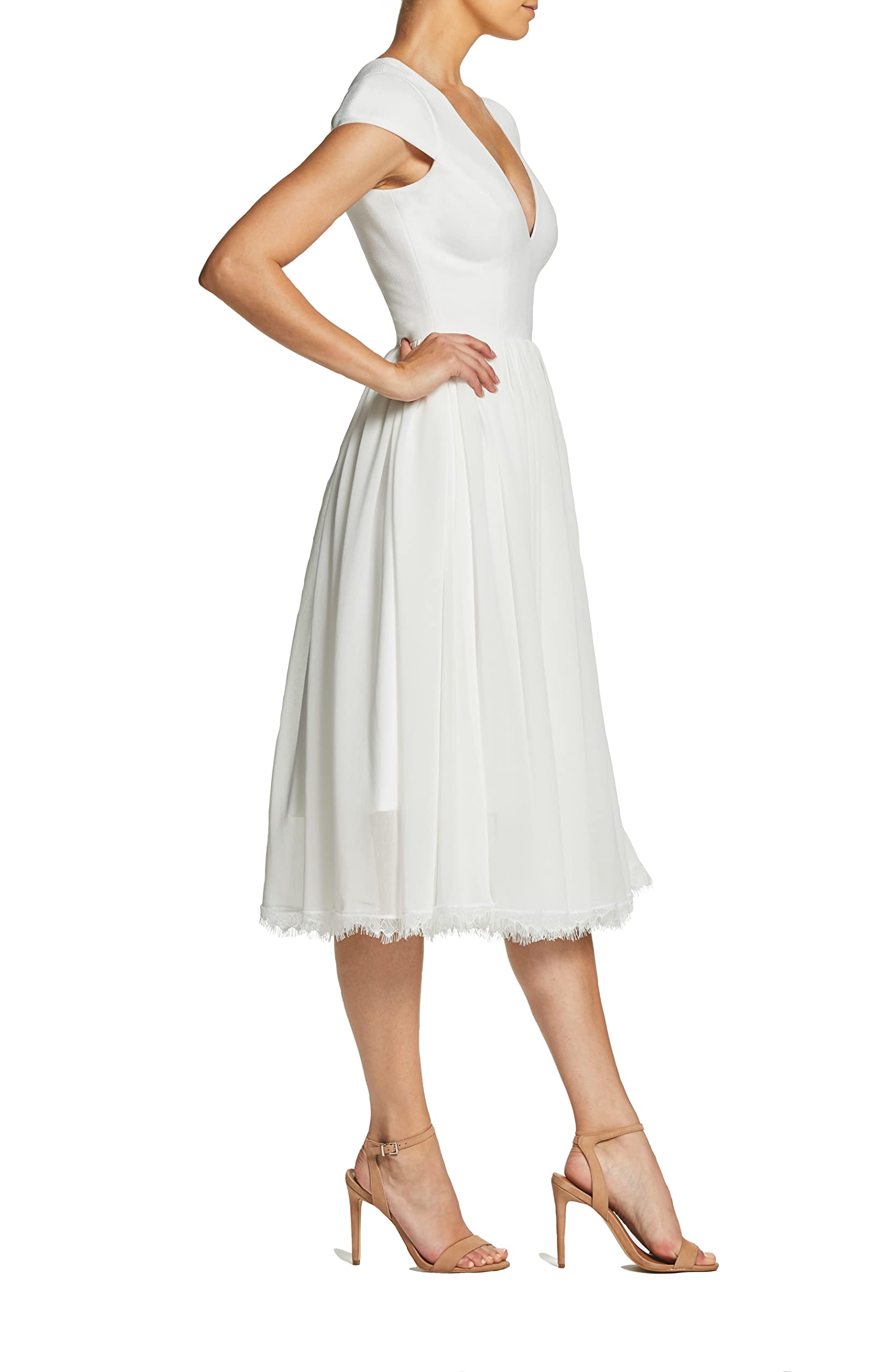 Dress the Population Women's Corey Plunging V-Neck Mixed Media Cap Sleeve A-Line Midi Dress - Perfect for Cocktail Parties, Date Nights & Special Occasions
