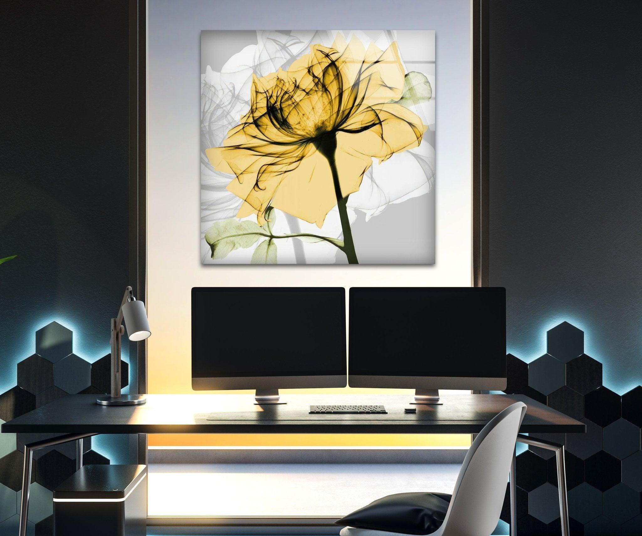 Albert Koetsier Yellow Rose Stained Glass Wall Art - Handmade Floral Decor for Living Room, Bedroom & Office
