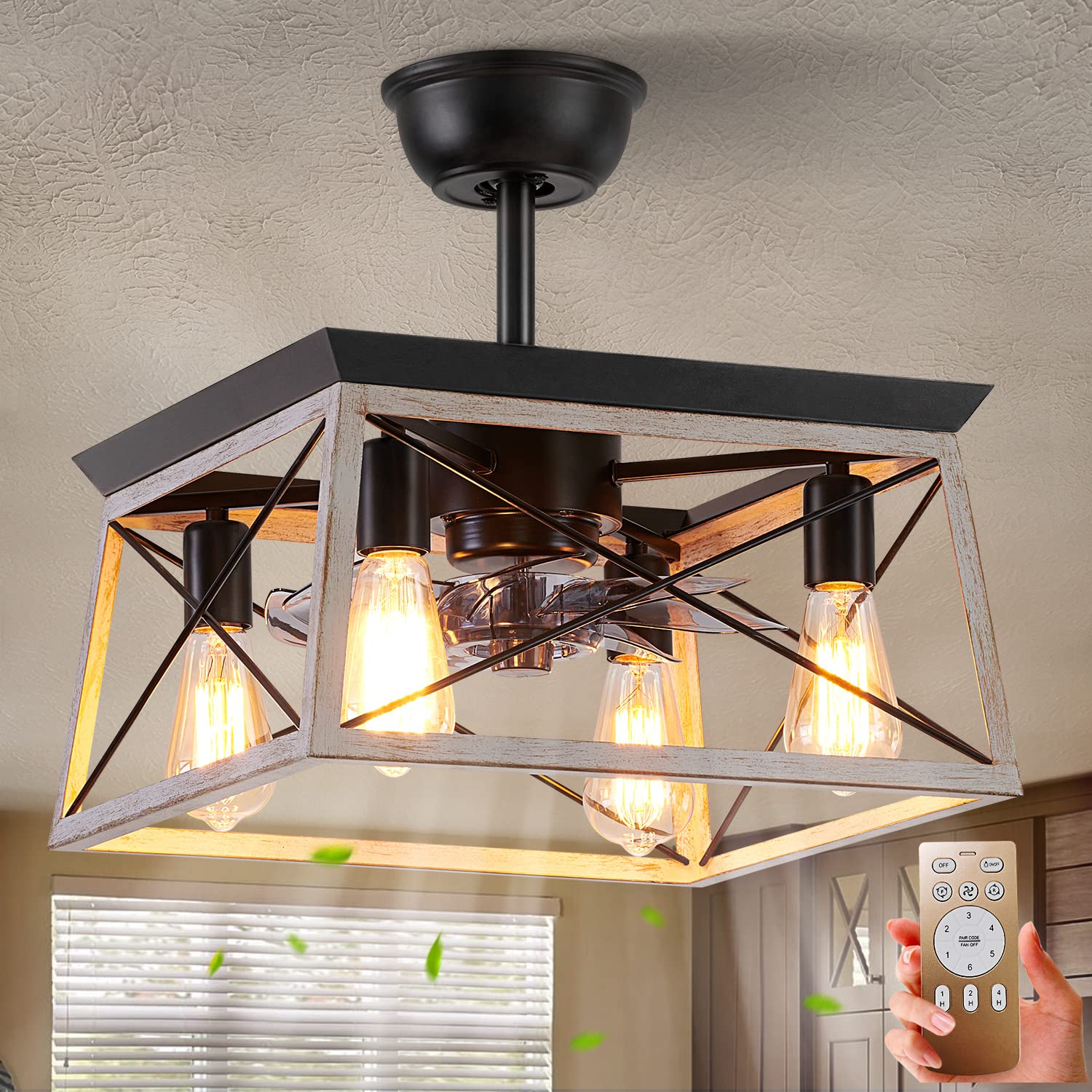 Rustic 4-Light Caged Bladeless Ceiling Fan with Remote - Farmhouse Style Indoor Fan with LED Lights for Living Room, Bedroom & Kitchen - Perfect for Home, Office and Patio Decor