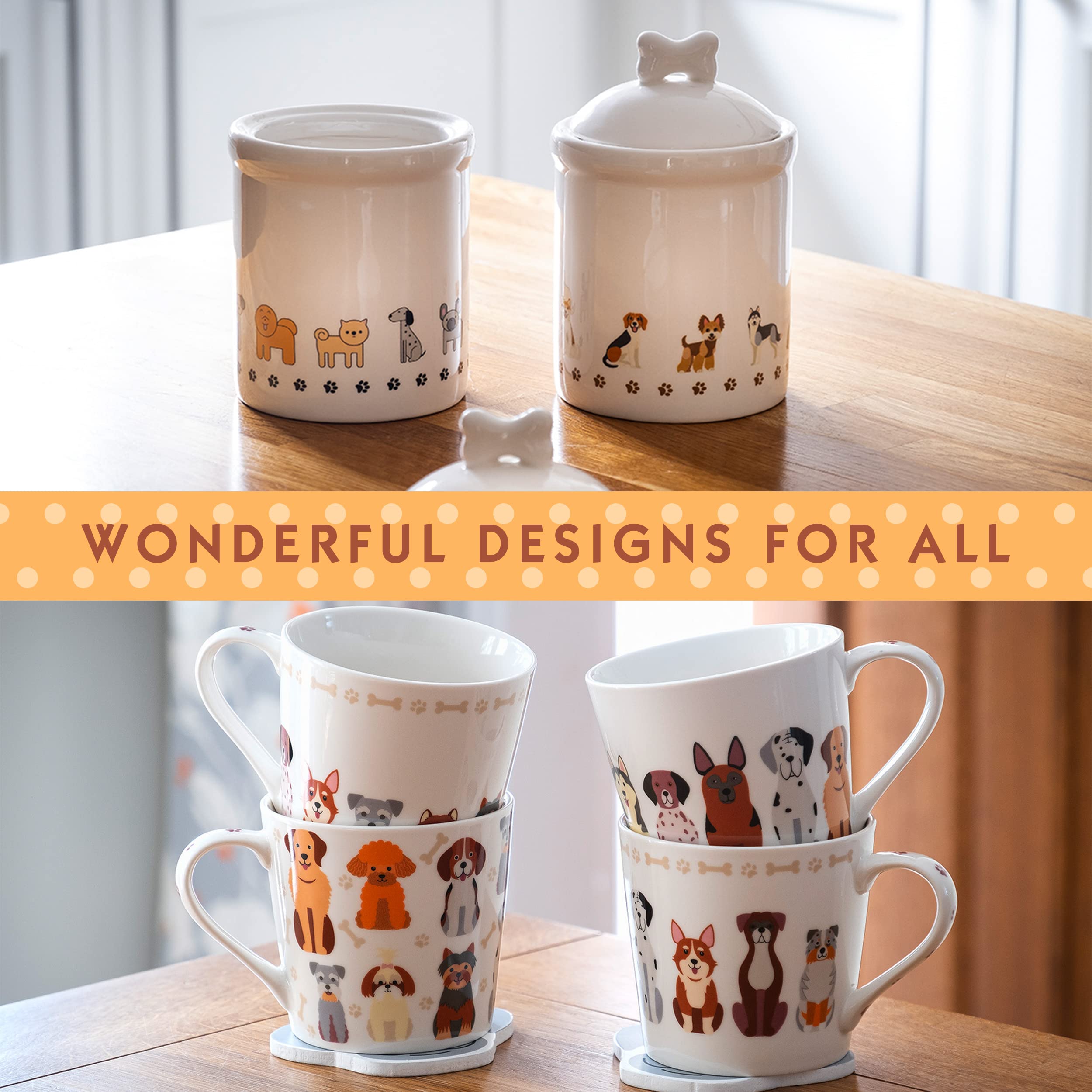 Spotted Dog Gift Company 13 oz Ceramic Coffee Mug Set - 4 Cute Dog-Themed Porcelain Tea Cups for Dog Lovers, Perfect Gift for Women & Men - Ideal for Coffee, Tea, Hot Chocolate at Home or Office