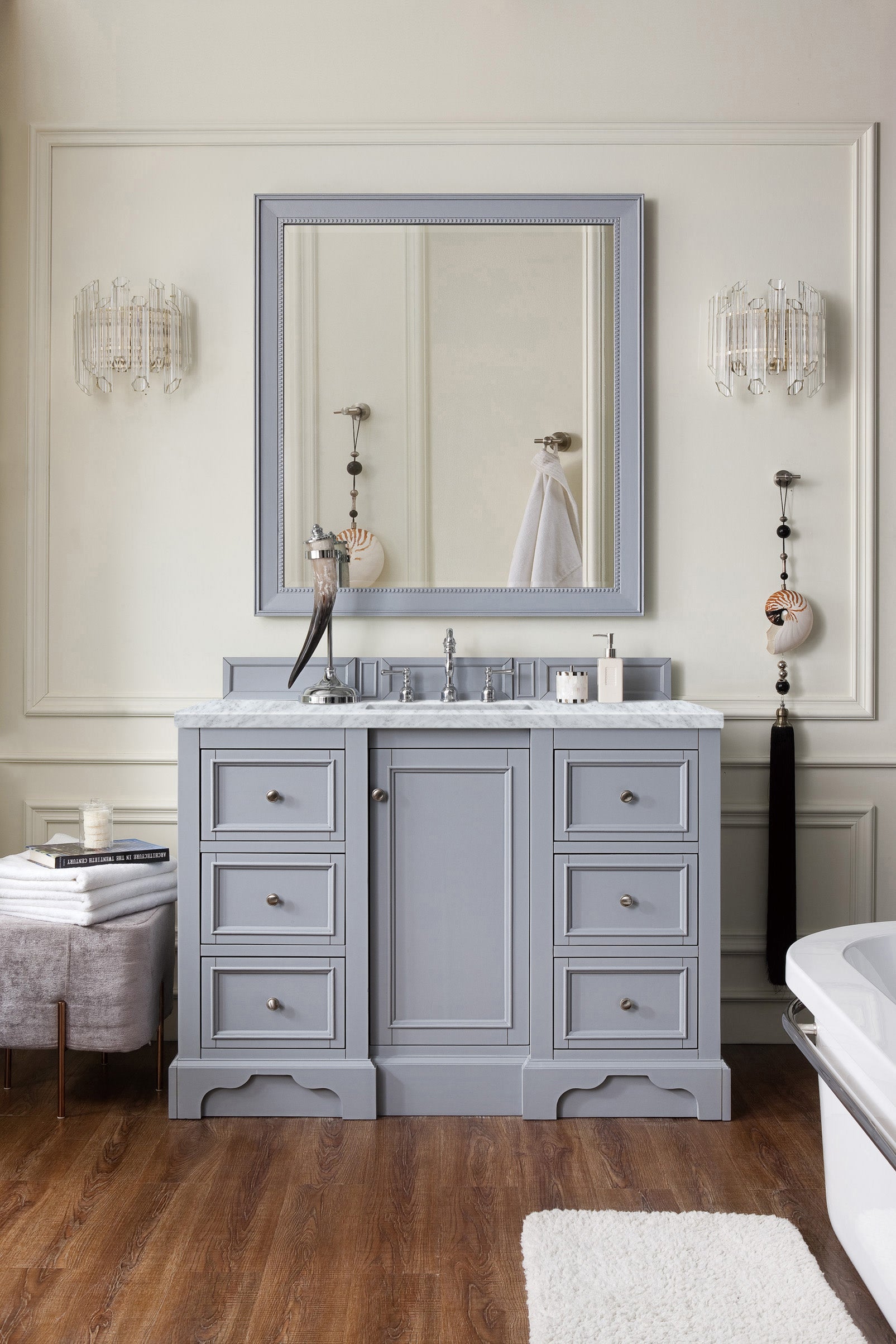 De Soto 48 Inch Single Bathroom Vanity with Carrara Marble Top in Silver Gray - Perfect for Modern Master Bathrooms and Powder Rooms