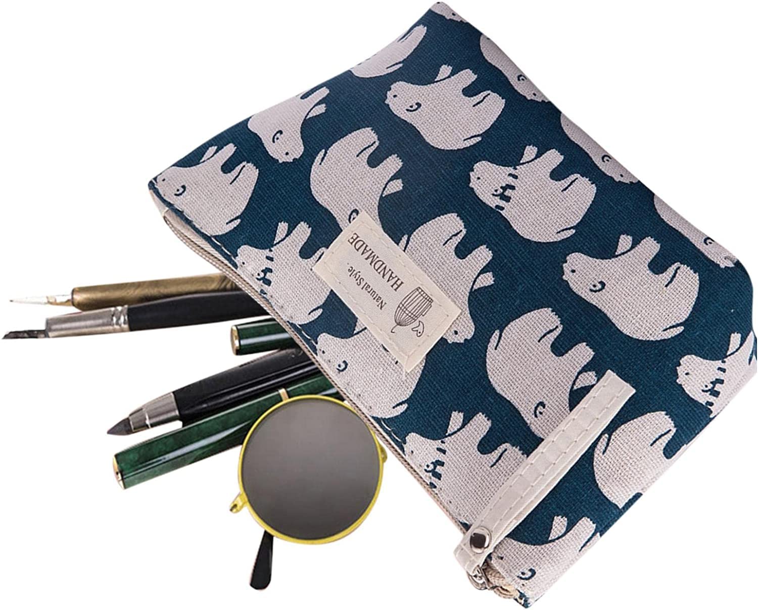House of Quirk Printed Canvas Cosmetic Bag - Waterproof Makeup Organizer Pouch with Zipper for Women & Girls | Multi-Functional Travel Toiletry Case for Vacation, Gym, Beach (Blue/White Polar Bear Design)