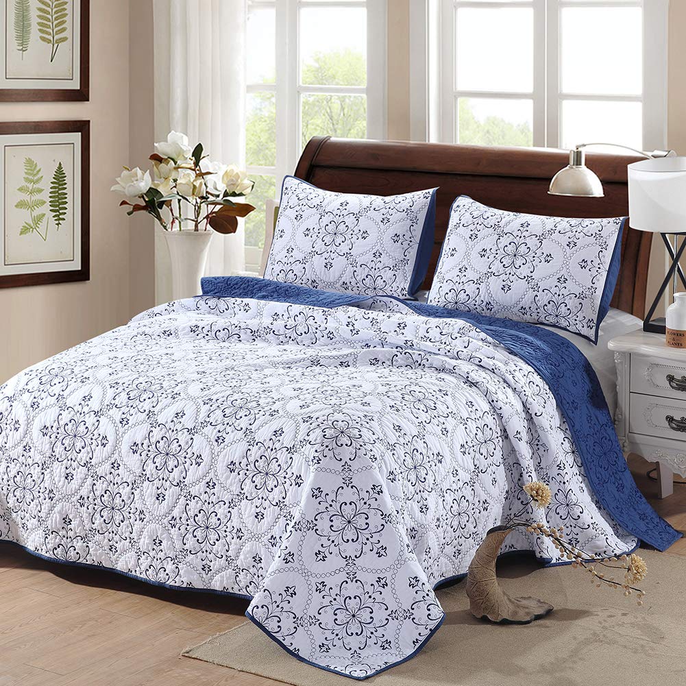 VCTOPS 3-Piece Embroidered Floral Quilt Set - Oversized Queen 100% Cotton Reversible Bedspread with 2 Pillow Shams | Soft Lightweight Coverlet for Bedroom Decor (Blue, 105
