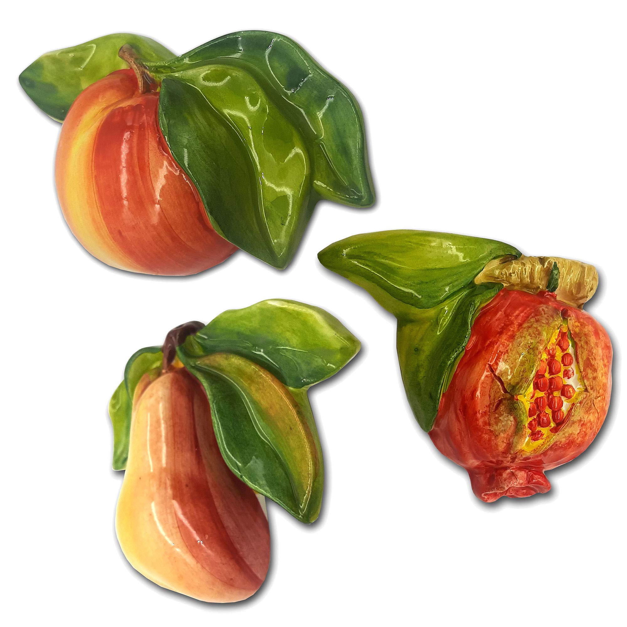 Italian Ceramic Fruit Decor for Kitchen - Hand-Painted Apple, Pear, Pomegranate Wall Art - Lifelike Artificial Fruit Decorations - Italian Pottery Home Decor for Dining Room, Farmhouse, Rustic Kitchen Decor