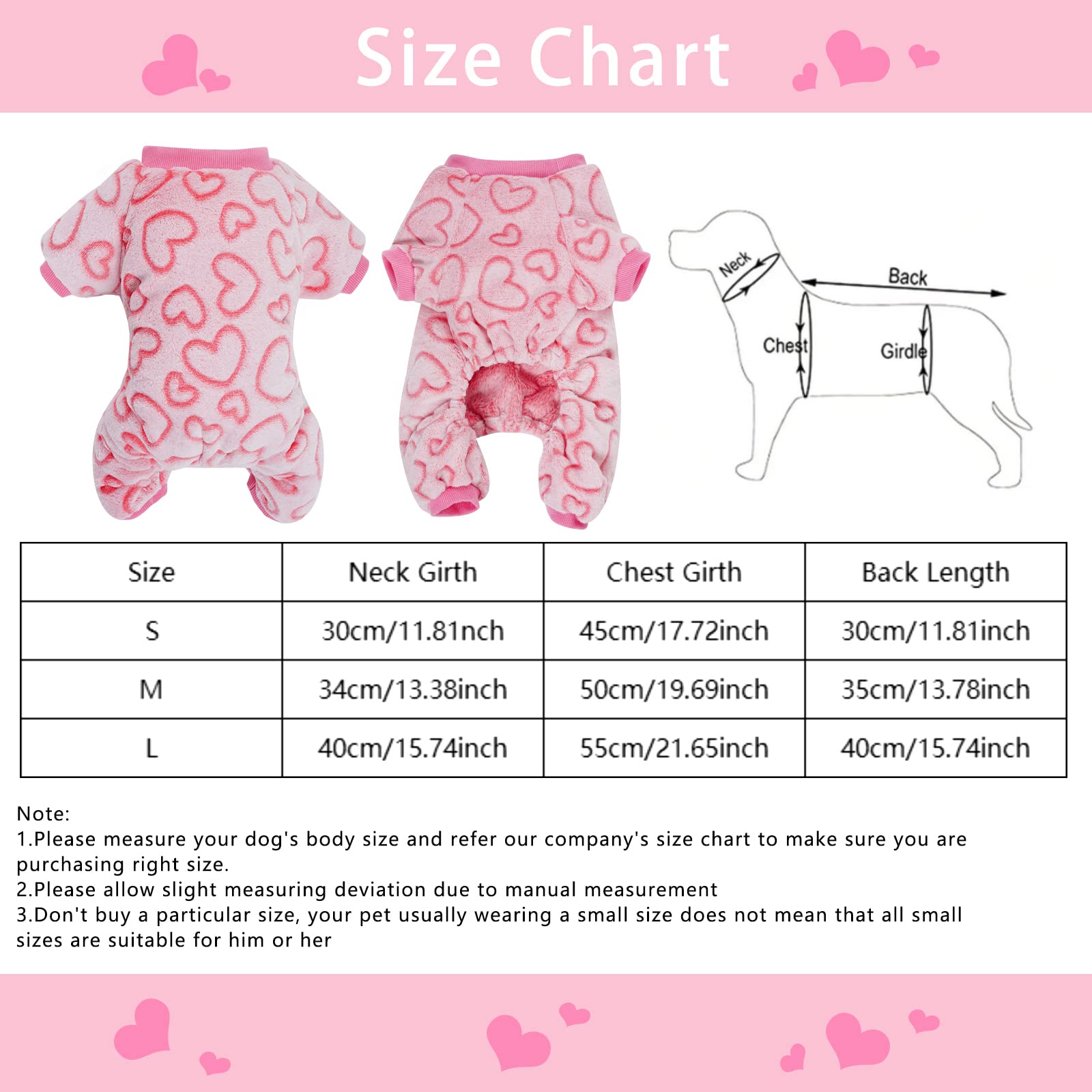 DXHYCC Fleece Dog Pajamas - Cute Heart Print Puppy Jumpsuit, Warm & Soft Pet Clothes for Small to Medium Dogs & Cats - Perfect for Winter Nights & Holiday Outfits (Pink, Size S)