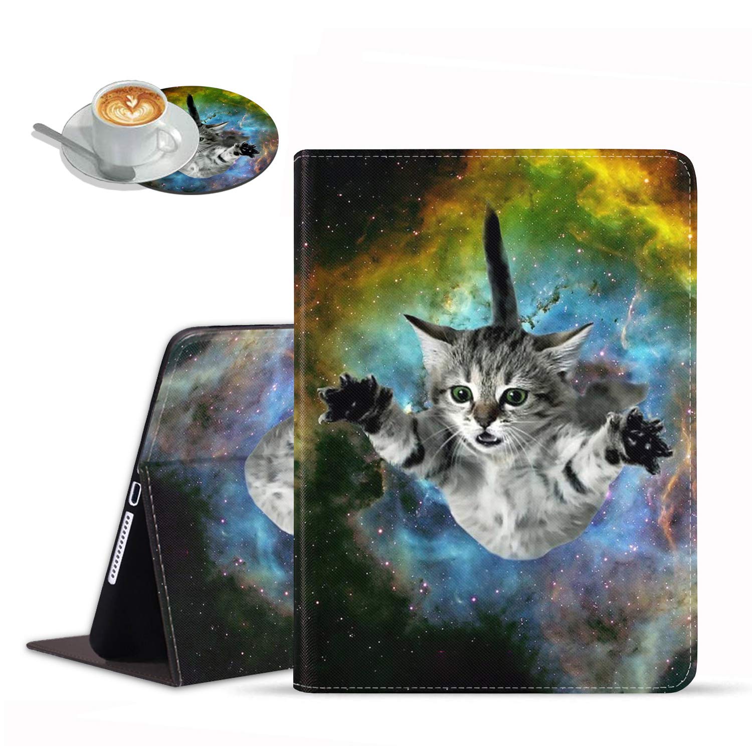 Premium Multi-Angle Folio Stand Case with Auto Wake/Sleep for Apple iPad 6th/5th Gen (2018/2017) & iPad Air/Air 2 - Galaxy Flying Cat Design - Perfect for Work, Study & Travel Protection (Includes Coasters)
