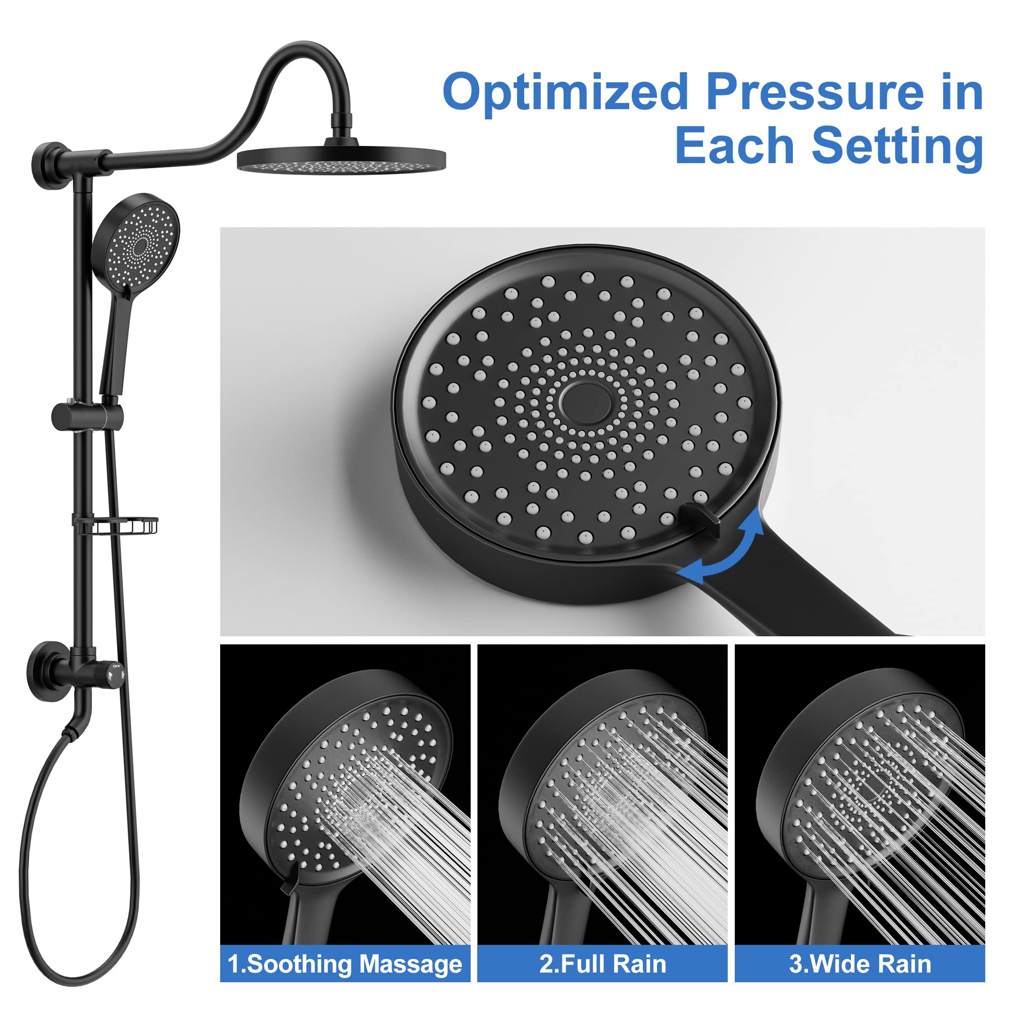 Tearel 9 Inch Rainfall Shower Head and Handheld Shower Combo with Adjustable Slide Bar - Matte Black Finish for Luxurious Spa-Like Bathroom Experience