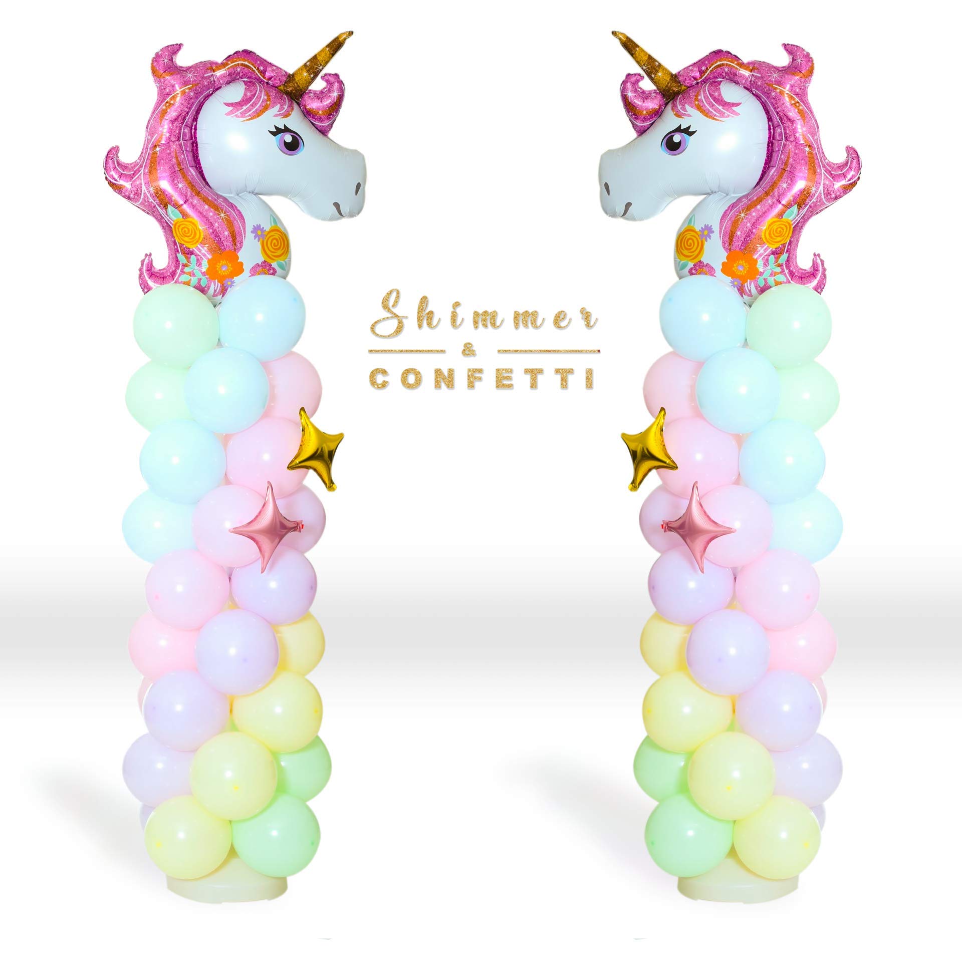 Shimmer & Confetti XL 2-Column Balloon Stand Kit - 5ft Tall with Sturdy Base, Poles, 2 Giant Unicorn Balloons, 90 Pastel Balloons, Stars & Glue - 11lb Water-Fillable Base for Easter, Birthday, Baby Shower & Party Decorations
