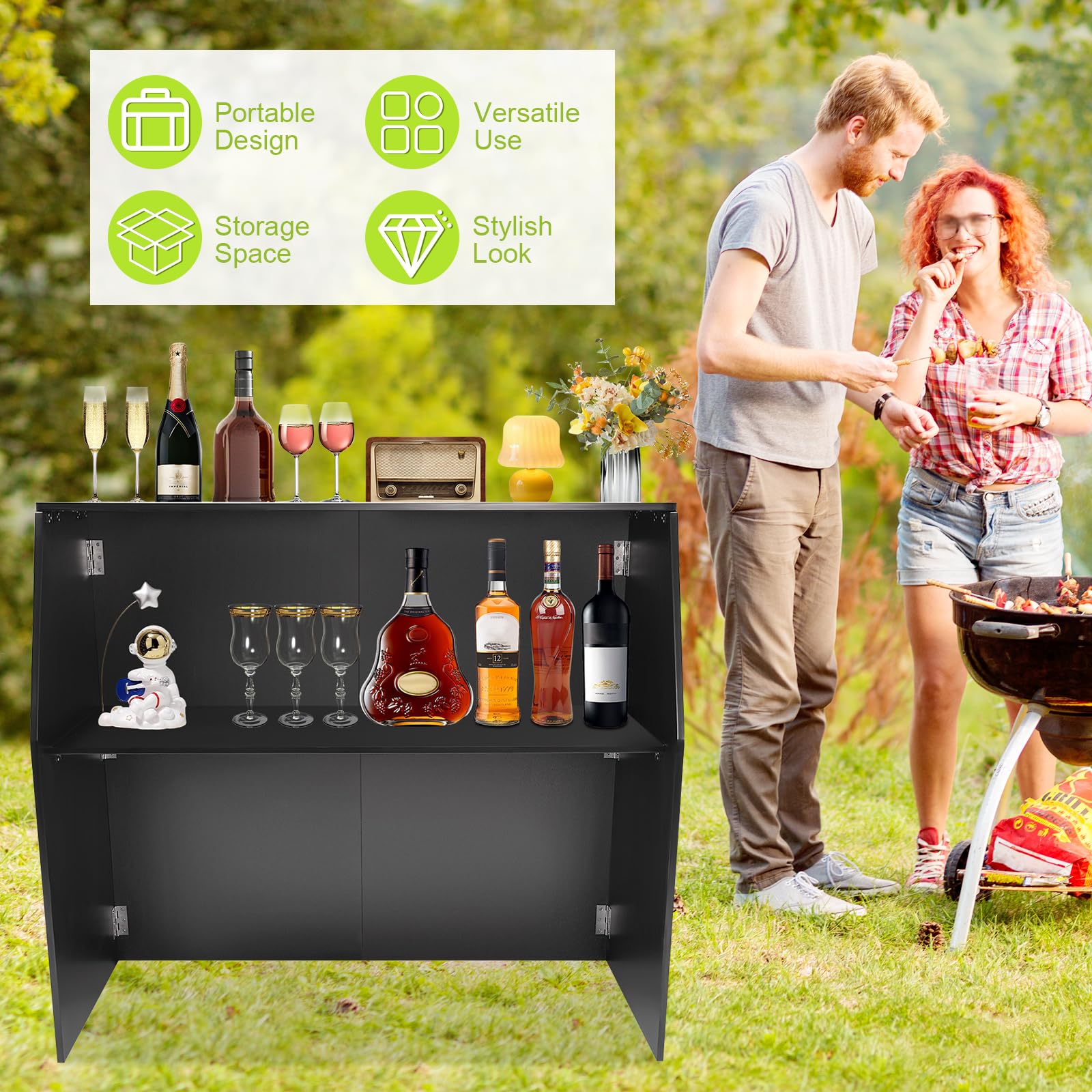 42 Inch Foldable Portable Bar Table with Shelves - Commercial Grade Mobile Bartender Station for Parties, Events & Outdoor Use | Easy Setup & Storage