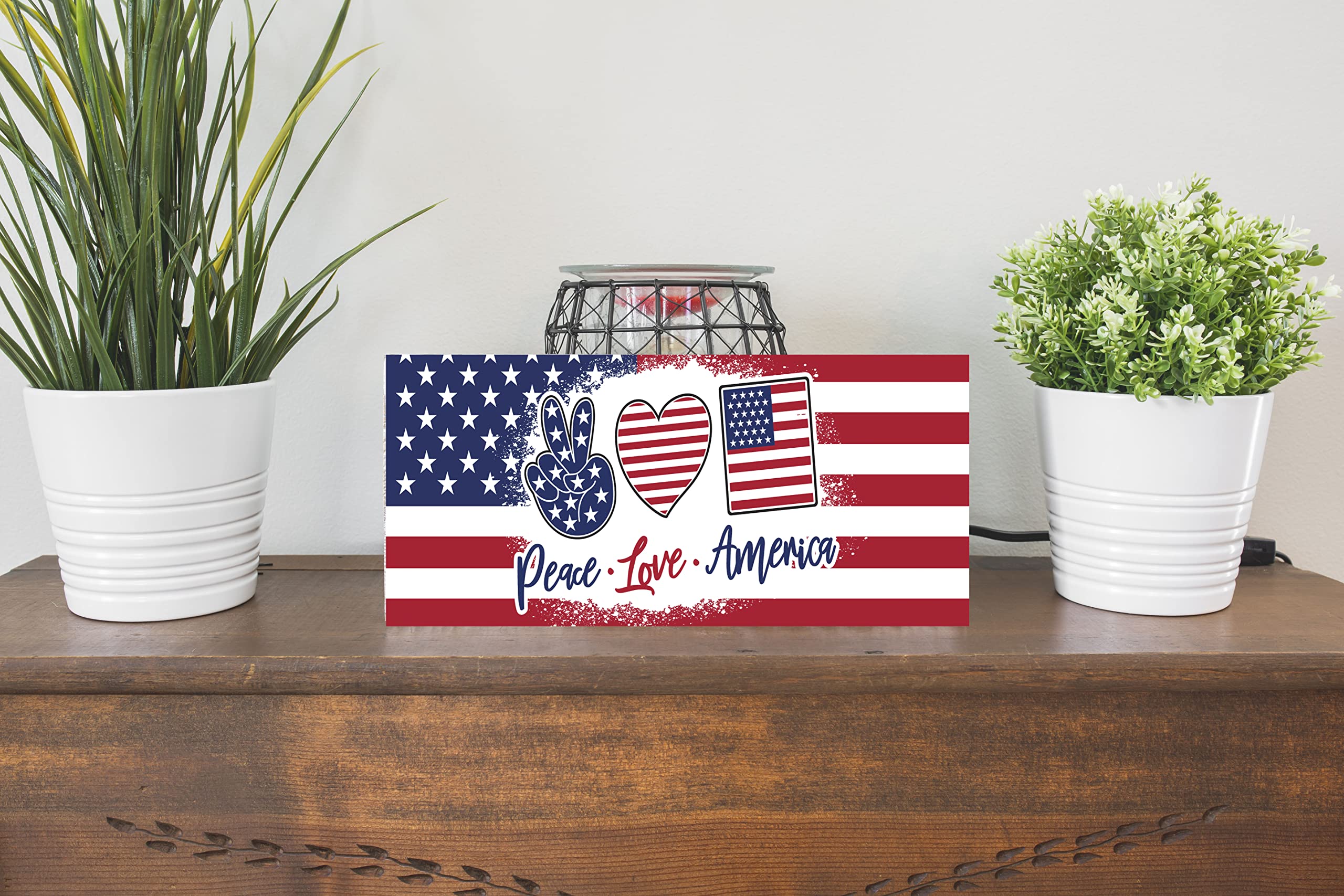 Handmade Patriotic Farmhouse Wooden Sign - Peace Love America Decor for Home, Wall, Living Room, Kitchen & Outdoor