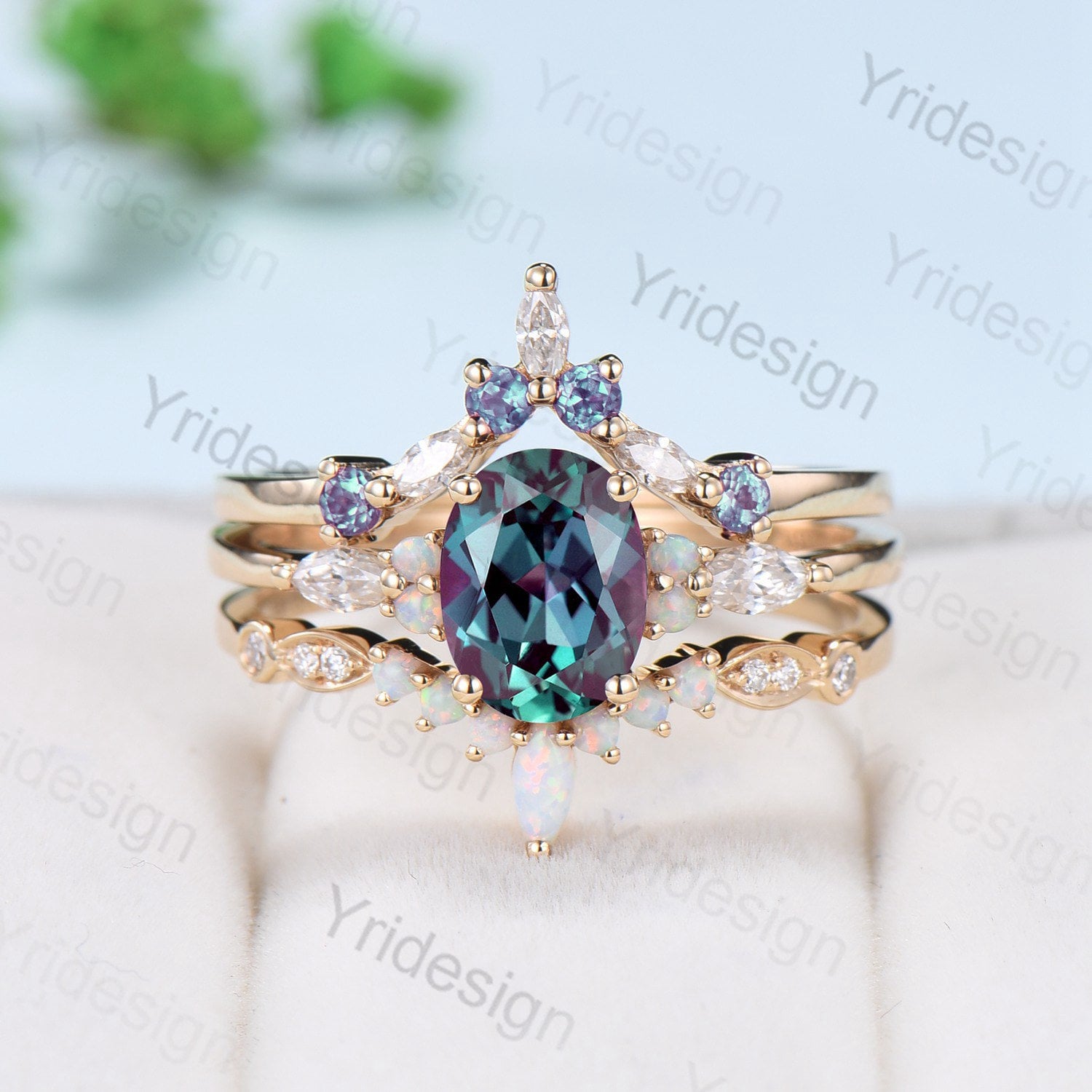 3Pcs Vintage Alexandrite Engagement Ring Set - 14K Solid Yellow Gold Color Changing Wedding Rings - Art Deco Opal & Alexandrite Stacking Rings - Perfect Gift for Anniversaries, Proposals & Special Occasions