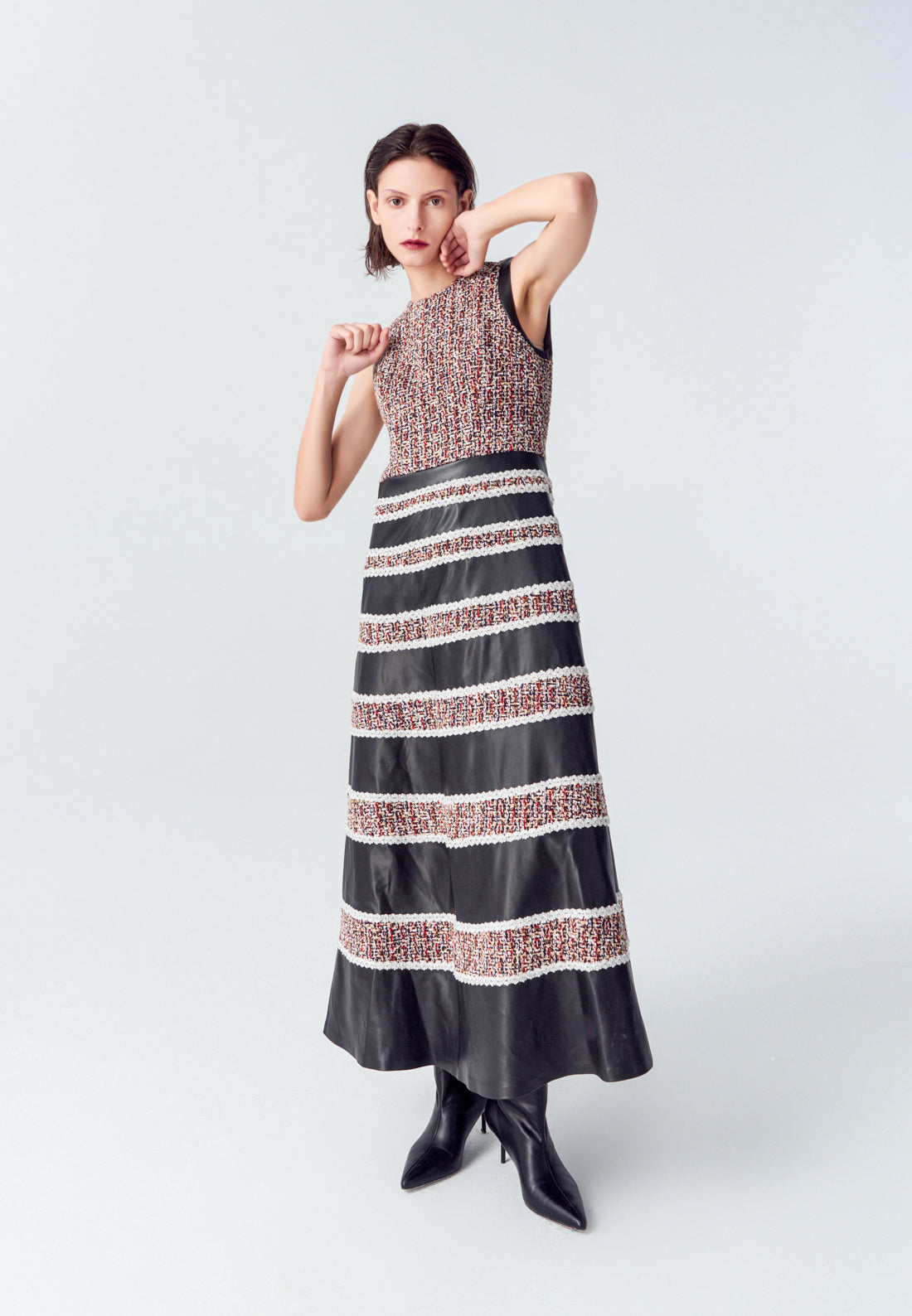 Stylish Tweed Leather Striped Sleeveless Maxi Dress for Women - Perfect for Cocktail Parties, Weddings & Evening Events