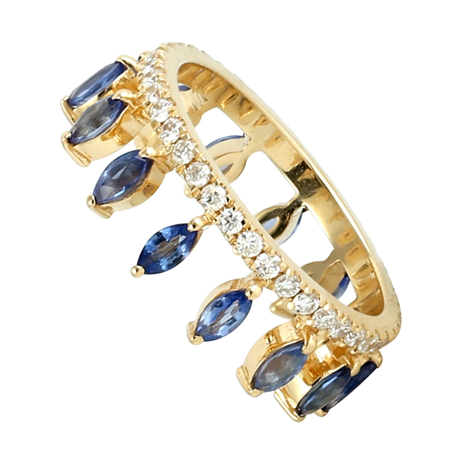 18K Yellow Gold Marquise Cut Blue Sapphire & Diamond Tiara Band Ring for Weddings, Prom & Special Occasions | Elegant Bridal Jewelry Gift