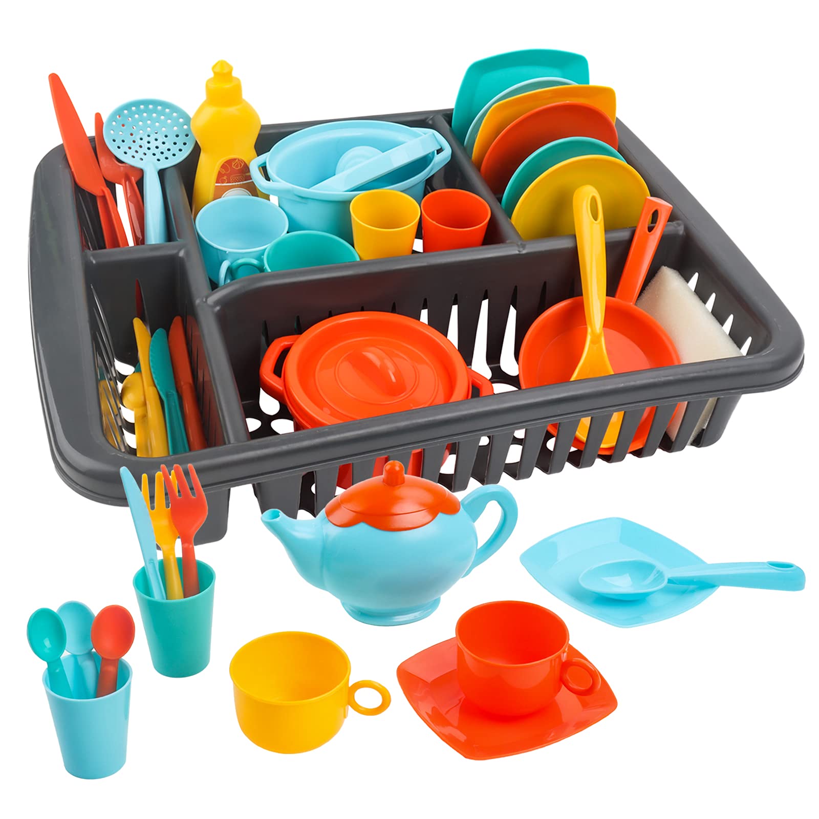 **41PCS Kids Pretend Play Kitchen Set - Durable Toy Dishes & Tableware with Drainer for Boys & Girls - Perfect for Role Play, Birthday Gifts & Early Learning Development**