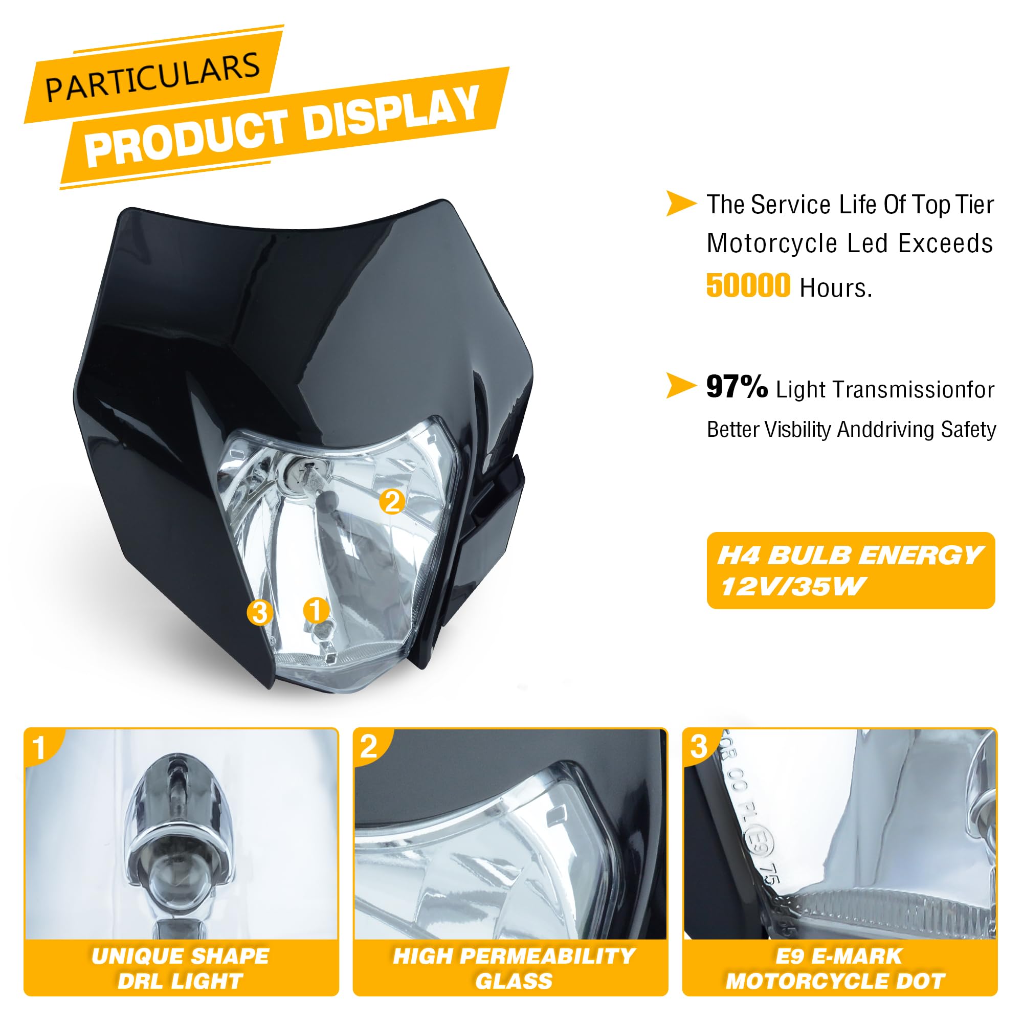 Universal H4 Dirt Bike Headlight - Black Mask Motorcycle Headlamp for Pit Bikes & Off-Road Riding | Night Trail & Adventure Use